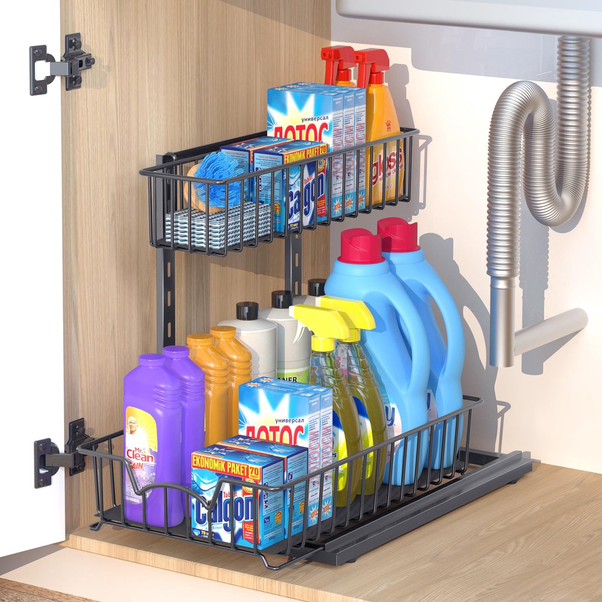 Dailygoods- Wastafelrek 2 Etages - Uitschuifbare Spoelkast Organizer - Metalen Kastkorven - Multifunctionele Onderkast - L-vormig Ontwerp - Flexibel Te Monteren - Onderkastorganizer