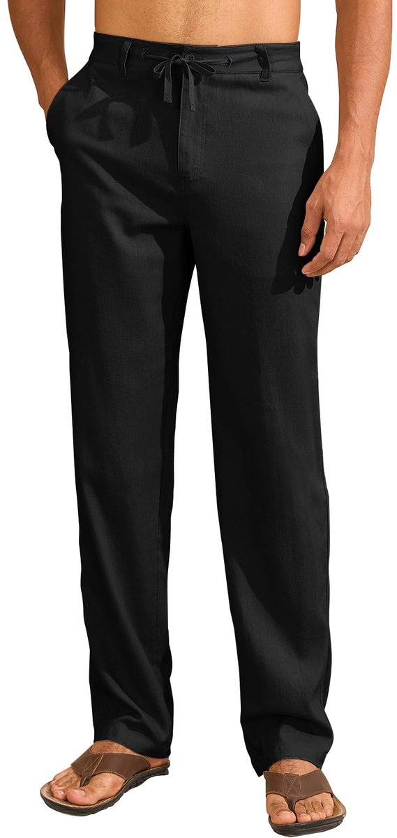 SnelShoppen - Heren Linnenbroek Zomerbroek met Trekkoord en Zakken, Lichte Vrijetijdsbroek voor Mannen in Zwart, Maat 36W / 32L, Perfect voor Vakantie