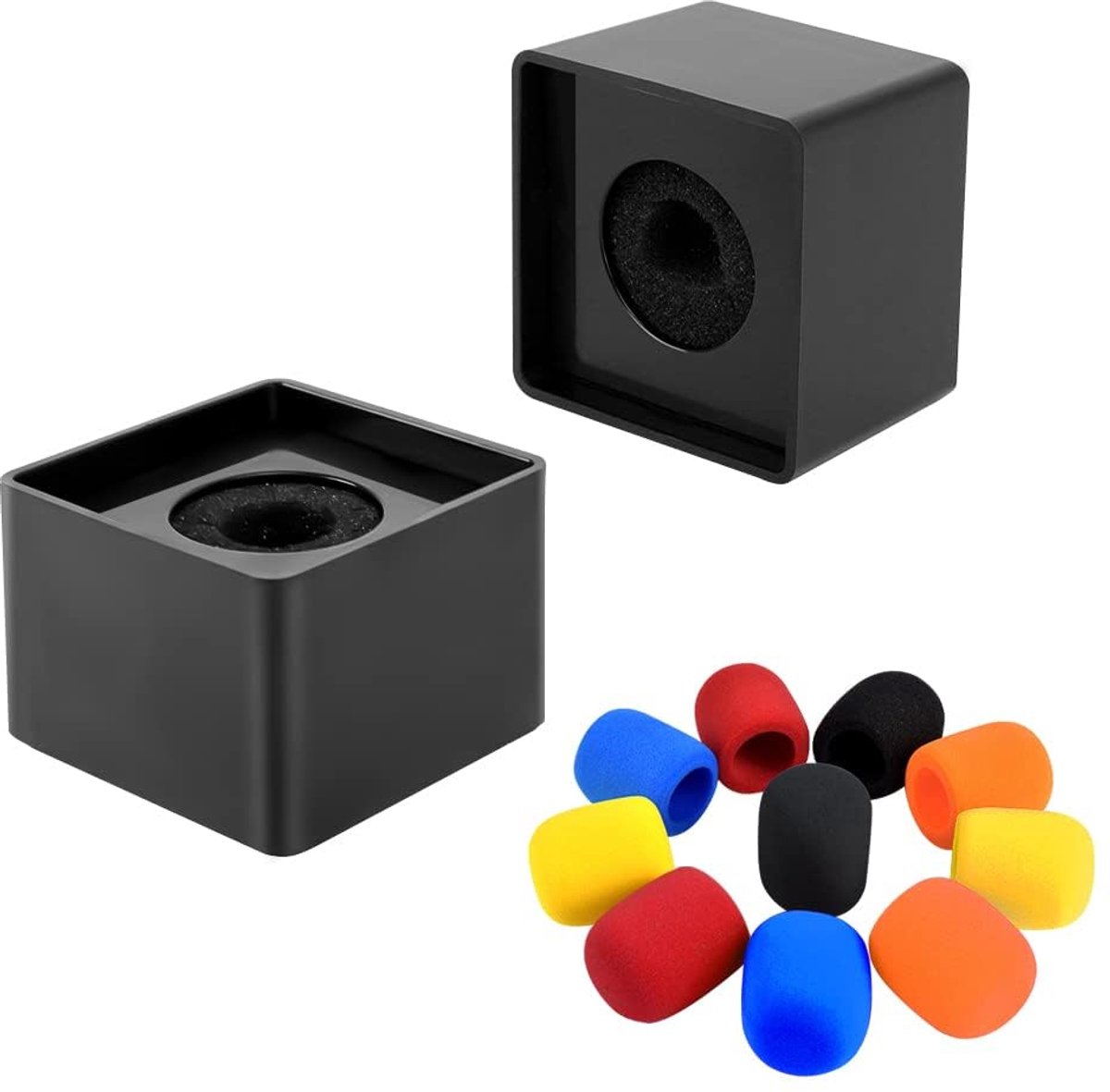 Dailygoods- Microfoon-vlagstation Set van 2 - Microfoon-schuimafdekkingen 10 stuks - Zwart ABS-kunststof - Afmetingen 6,7 x 6,7 x 5,1 cm - Diameter gat 3,8 cm - Microfoonstandaard