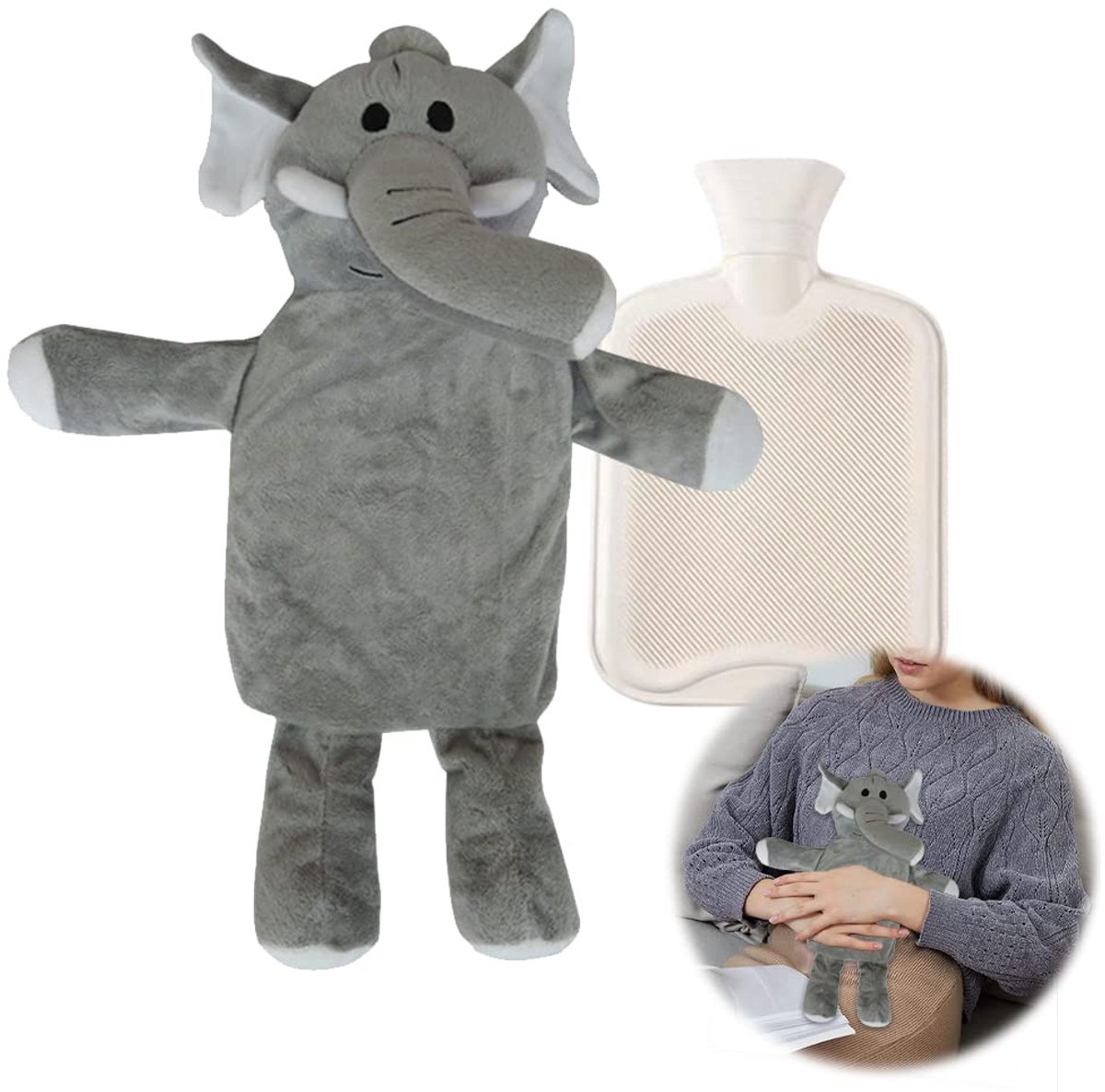 SnelShoppen - Warmwaterkruik met Overtrek 1L - Grote Kinderkruik Knuffeldier - Zachte Pluis Warmtefles - Rubberen Warmwaterfles voor Kinderen - Premiu