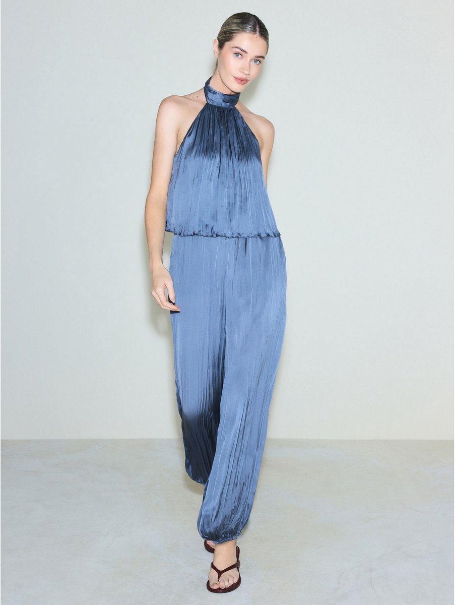 Next - Dames - Satijnen jumpsuit met ballonpijpen en halter - Blauw
