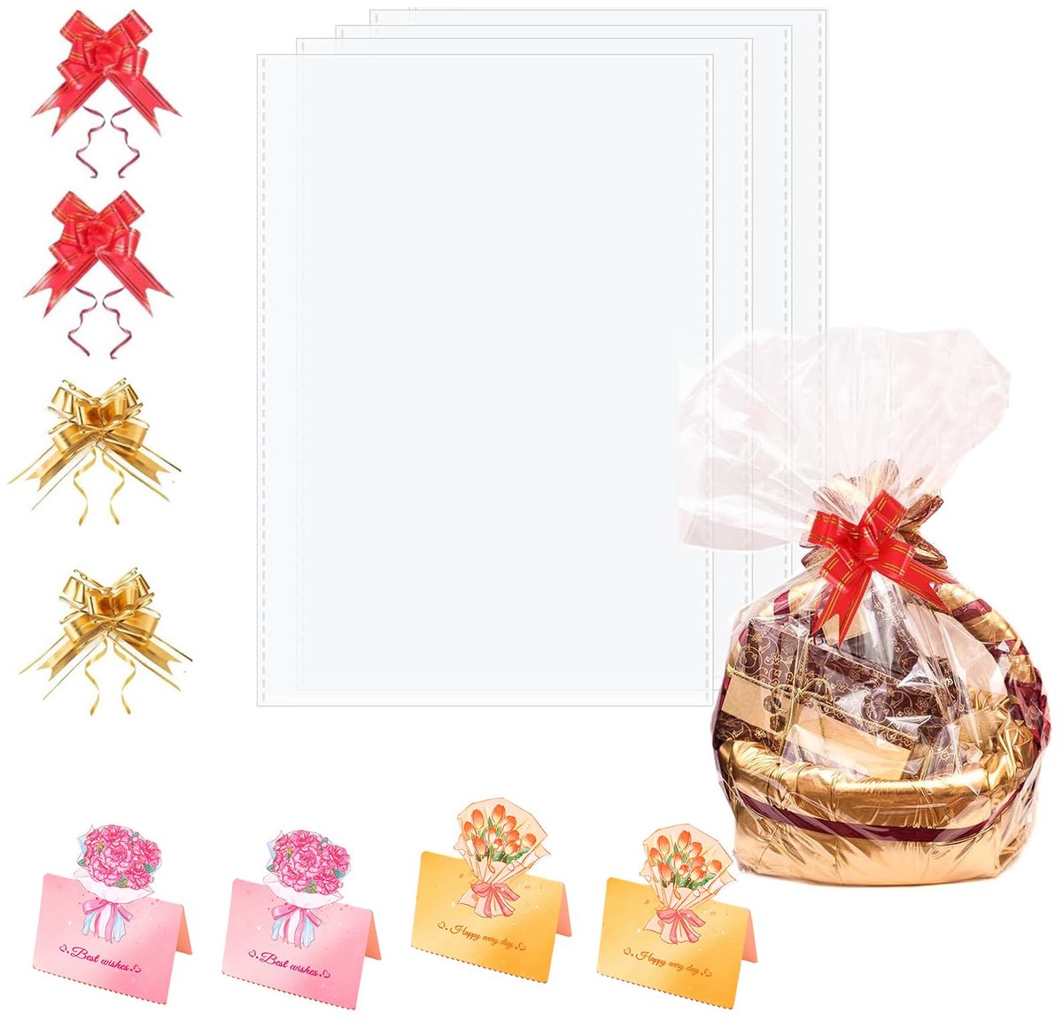 4 grote heldere cellofaan cadeauzakken van 50 x 70 cm, transparante cadeauverpakking, ideaal voor geschenken en cadeaupakketten, inclusief 4 wenskaarten