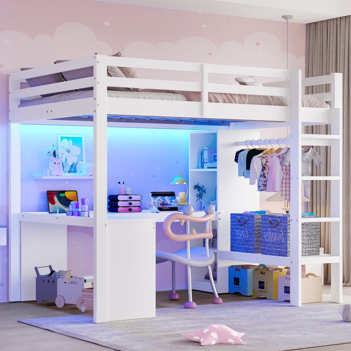 Bed 140x200 cm - Hoogslaper Met Bureau, Kast, LED Licht En USB Aansluiting Wit