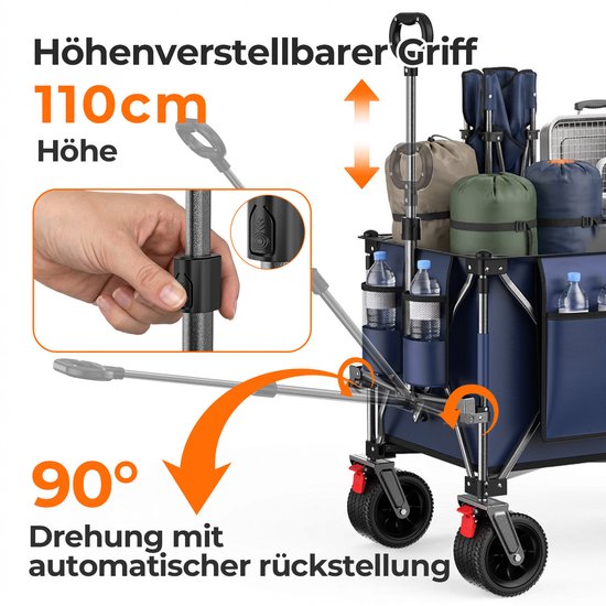 HAUSS SPOLE Tuinkar - 140 cm, 300 L, Met Uitschuifbare Achterklep - Staal - Blauwgrijs - Opvouwbaar voor Tuin, Strand en Kamperen van hauss-spole — afbeelding 5