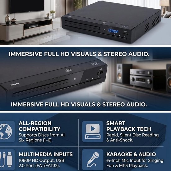 Dvd-speler voor Tv - Home Stereo-speler - Film Avonden - Alle Regio's 1080P HD - Compact Ontwerp - Zwart — afbeelding 3