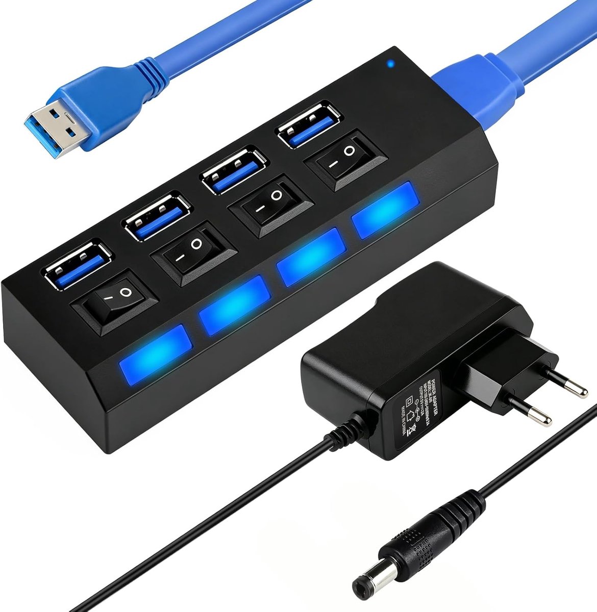 USB 3.0-hub 4 poorten - met individuele led-schakelaar - inclusief 5 V/2 A netadapter - perfect voor pc en laptop - ShopVlot