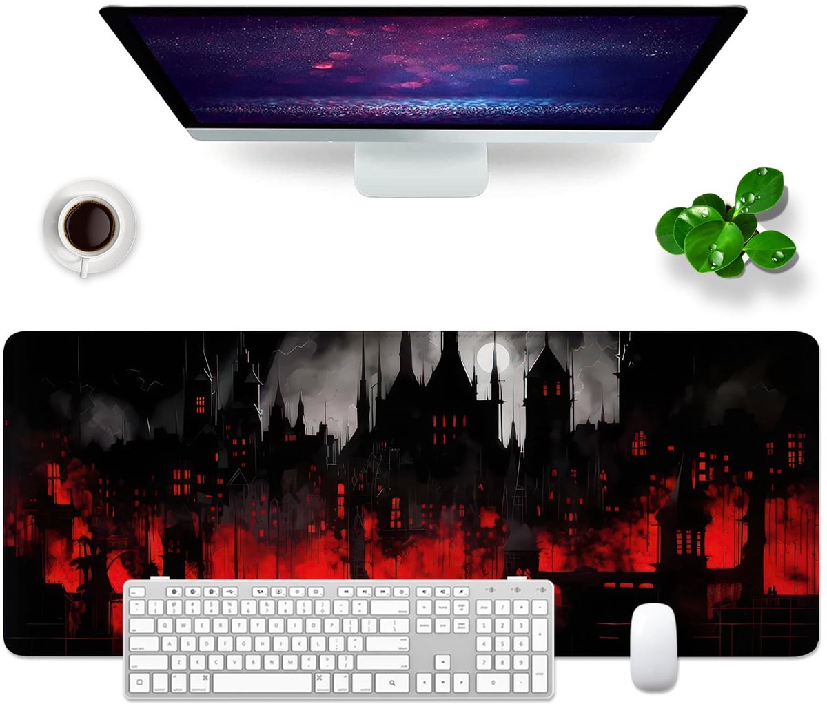 SnelShoppen - Muismat Kasteel Bureauonderlegger Rood en Zwart XL 80x30cm - Gaming Muismat Groot voor PC met Horror Thema, Bureaumat voor Computer en T