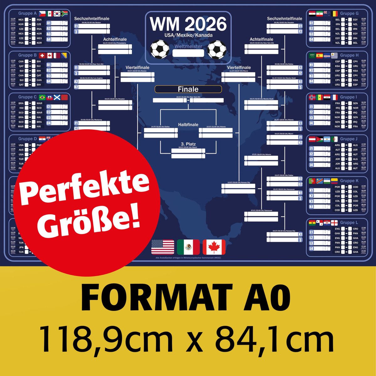 SnelShoppen - Hetcher Tech DIN A0 Voetbal WK 2026 Poster - XXL Speelschema Planner - Opgerold - 118,9 x 84,1 cm - Modern Design - Inclusief Tabellen -