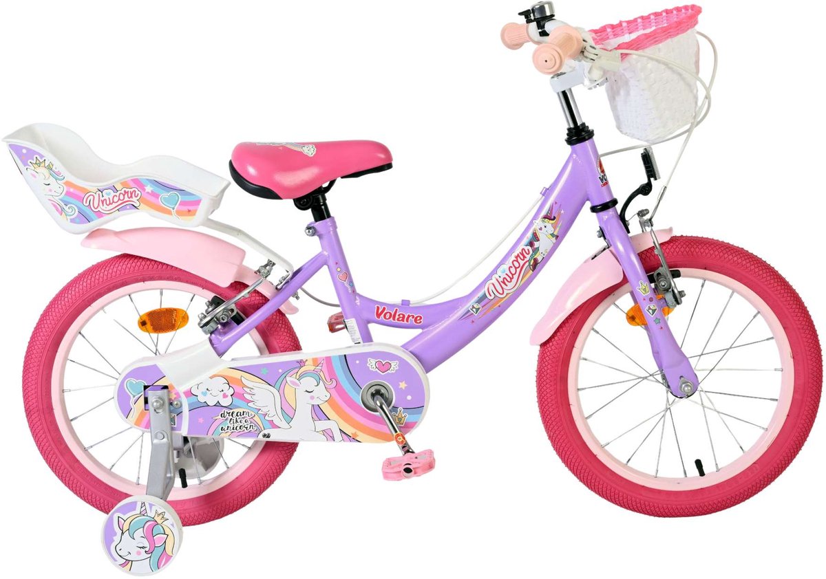 Volare Unicorn Kinderfiets - Meisjes - 16 inch - Paars - Twee Handremmen