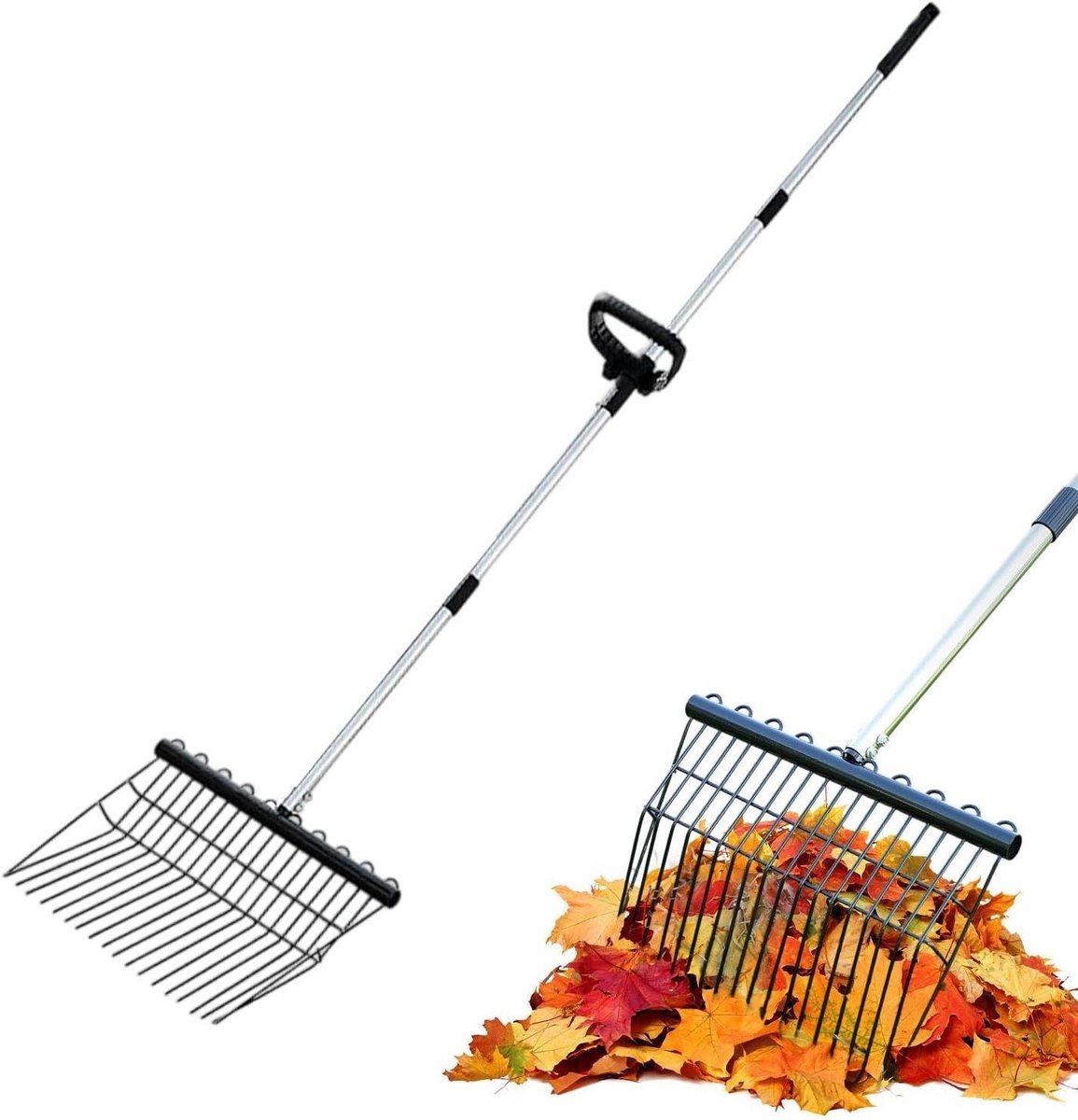 Roestvrijstalen Handhark - Kippenmestschep Tuinhark - Tuinonderhoud Afvalverwerking - Verstelbare Steel - 166 cm - Zwart