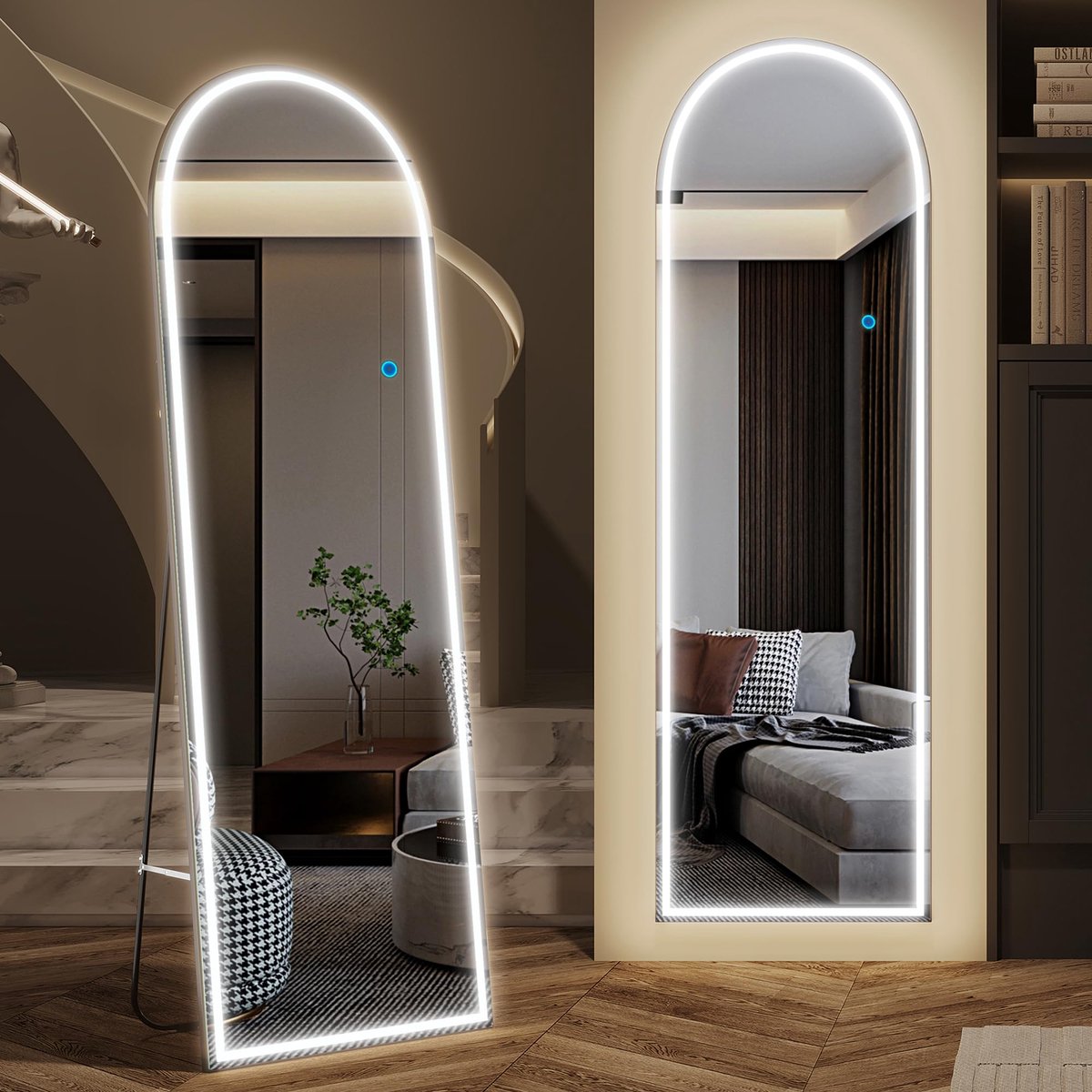 SnelShoppen - Volledige Verlichte Spiegel 153 x 50 cm - Gebogen LED Wandspiegel - Moderne Staande Spiegel Zonder Frame - Ideaal voor Slaapkamer en Woo