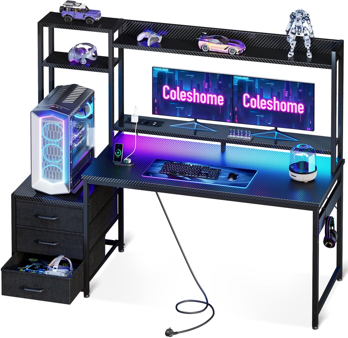 SnelShoppen - Coleshome Gamingbureau met Plank en Lades, 137x48 cm LED-verlichting, Ingebouwd Stopcontact, Computertafel met Opbergplanken, Zwart Kool