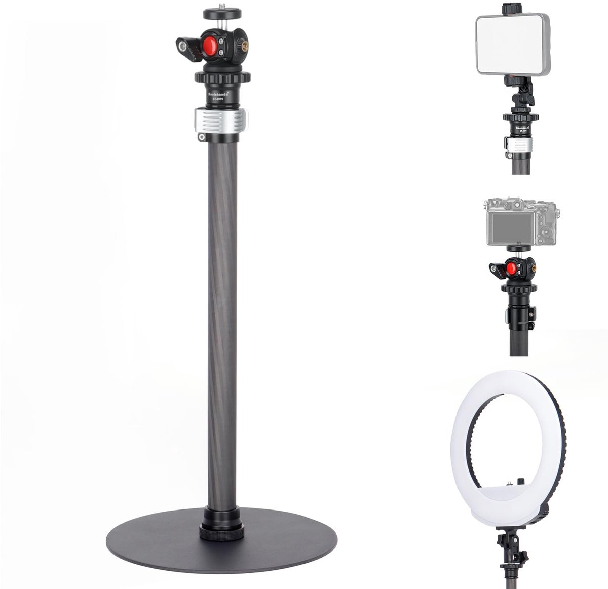 SnelShoppen - Uitschuifbaar Monopod Statief van Koolstofvezel met Ronde Voet, 360° Draaibare Bolkop voor Tafelmodel Webcamstandaard, Ideaal voor DSLR-