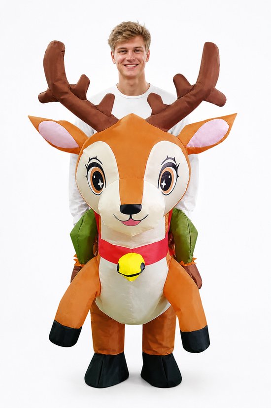 KIMU® Opblaas Kostuum Zittend Op Hert - Opblaasbaar Pak - Hertpak Mascotte Opblaaspak - Opblaasbare Rendier Ree Eland Dames Heren Festival
