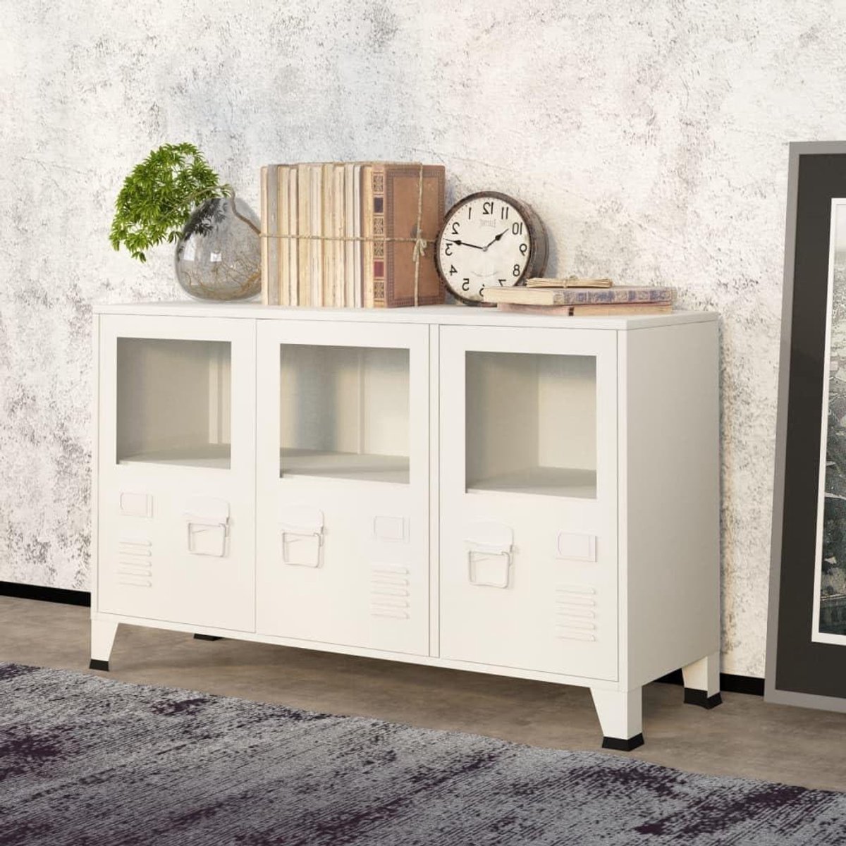 Industrieel dressoir - Moderne commode - Woonkamer opbergen - Glazen deuren - 105 x 35 x 62 cm - Wit