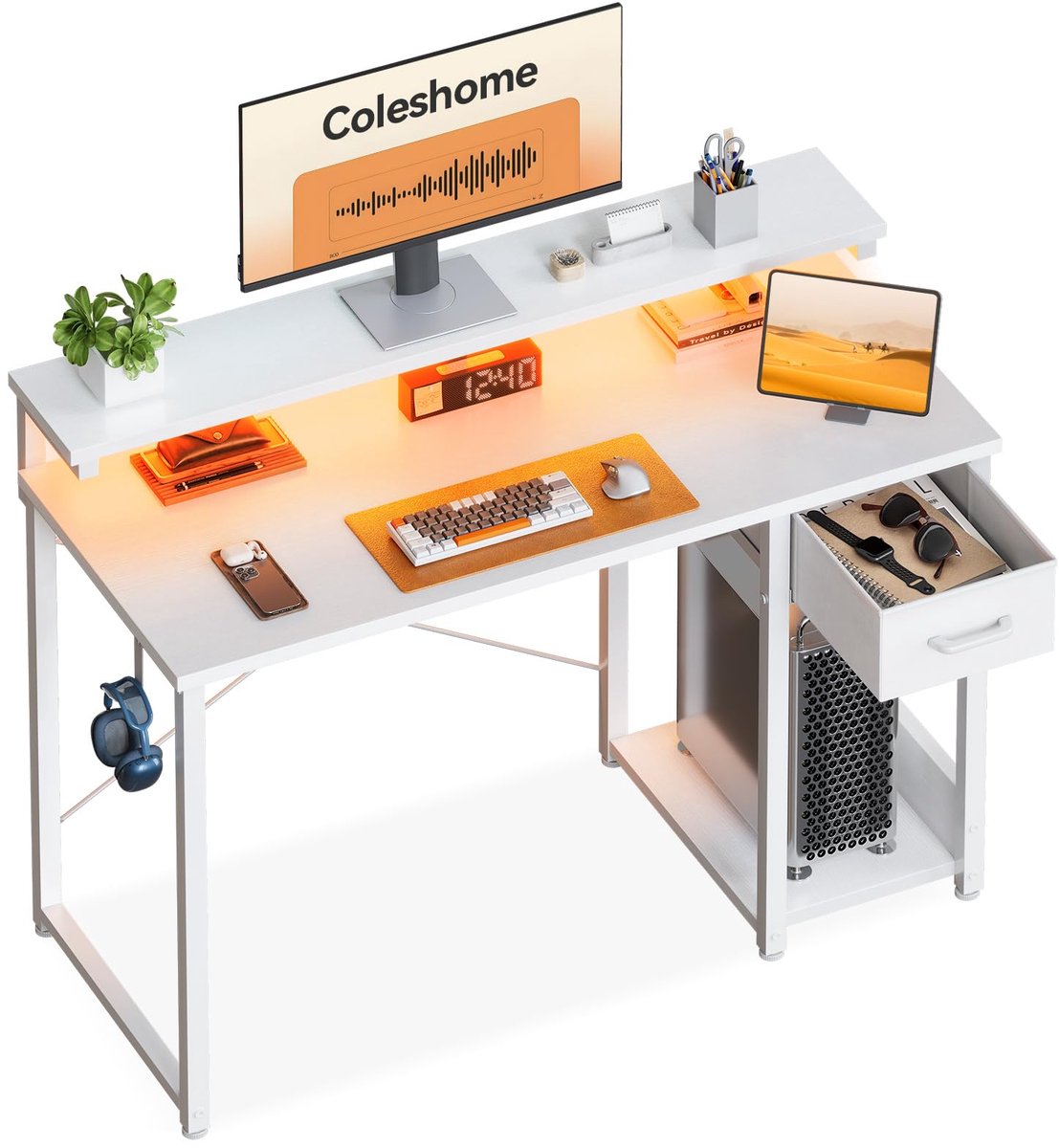 SnelShoppen - Gamingbureau met LED-verlichting, Reversibel Bureau 100x45cm met Plank en Hoofdtelefoonhaak, Wit voor Thuis en Slaapkamer