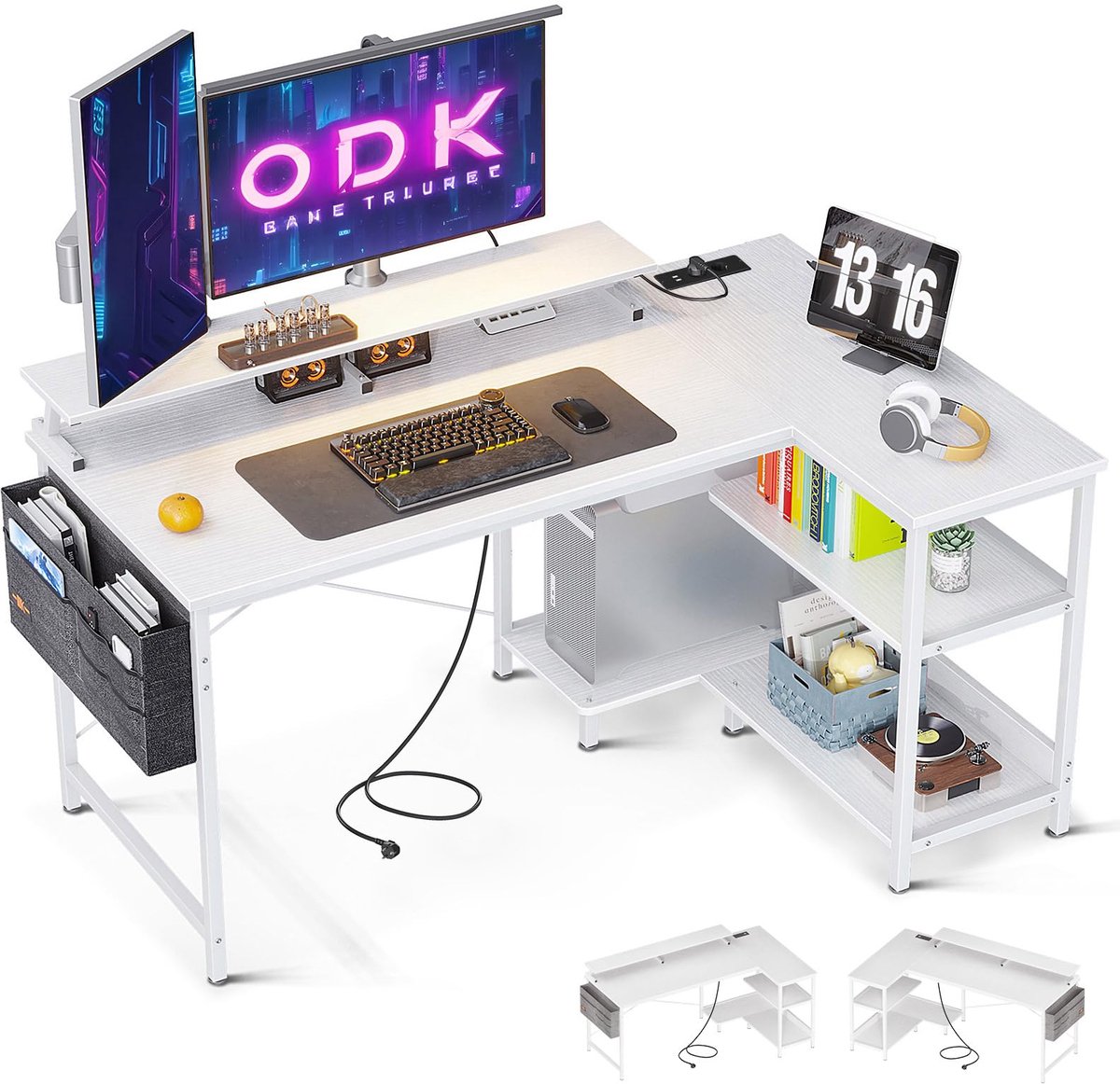 SnelShoppen - L Vormige Bureau met USB-Laadpoort & Stopcontact - Reversibel Hoekbureau met Monitorstandaard - Multifunctioneel Gamer Bureau (Wit, 120x