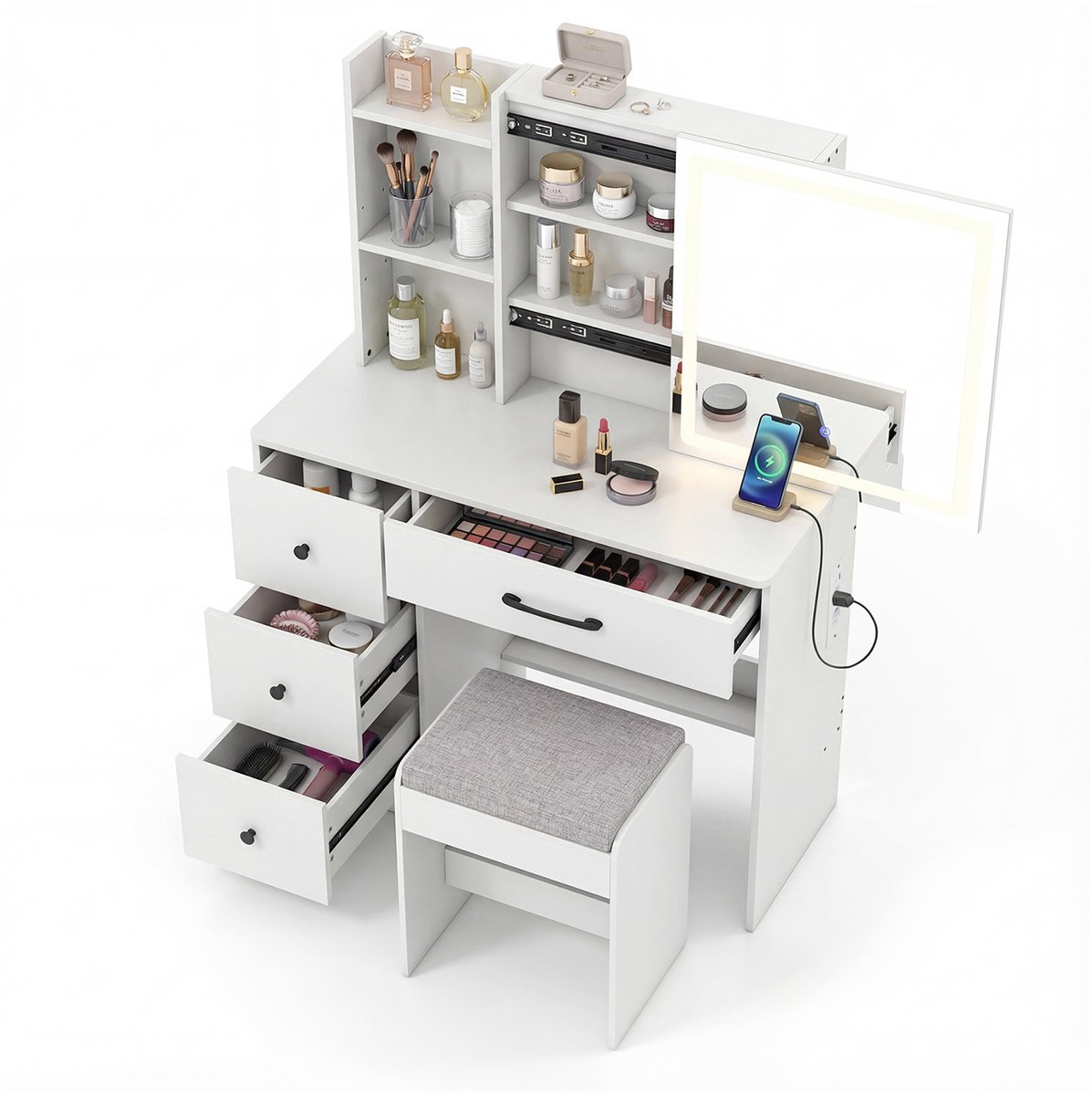 COSTWAY Kaptafel met led-schuifspiegel en make-upkruk, make-uptafel met laden, stopcontacten en 2 verstelbare opbergvakken, kaptafelset voor slaapkamer, 96 x 40 x 135 cm