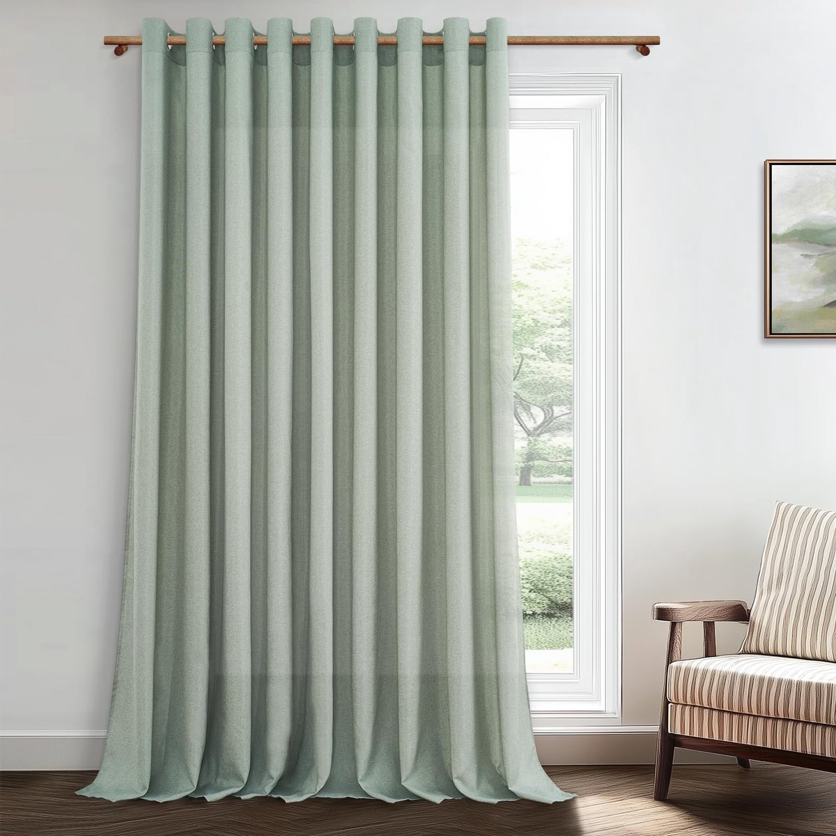 SnelShoppen - Linnen Gordijnen Transparant Saliegroen 300x240 cm voor Slaapkamer en Woonkamer - Elegante Gordijnen met Binnenringen - Moderne Raamdeco