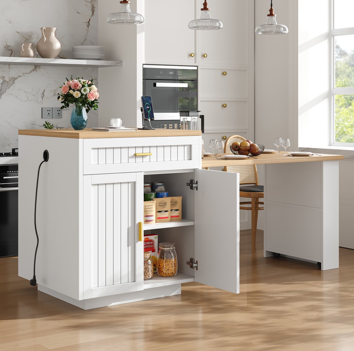 OKWISH Keukenkast – Uitschuifbaar Keukeneiland Met Ingebouwd Stopcontact – 121,5–192 × 70 × 92 cm – 1 Lade En Planken – MDF Wit