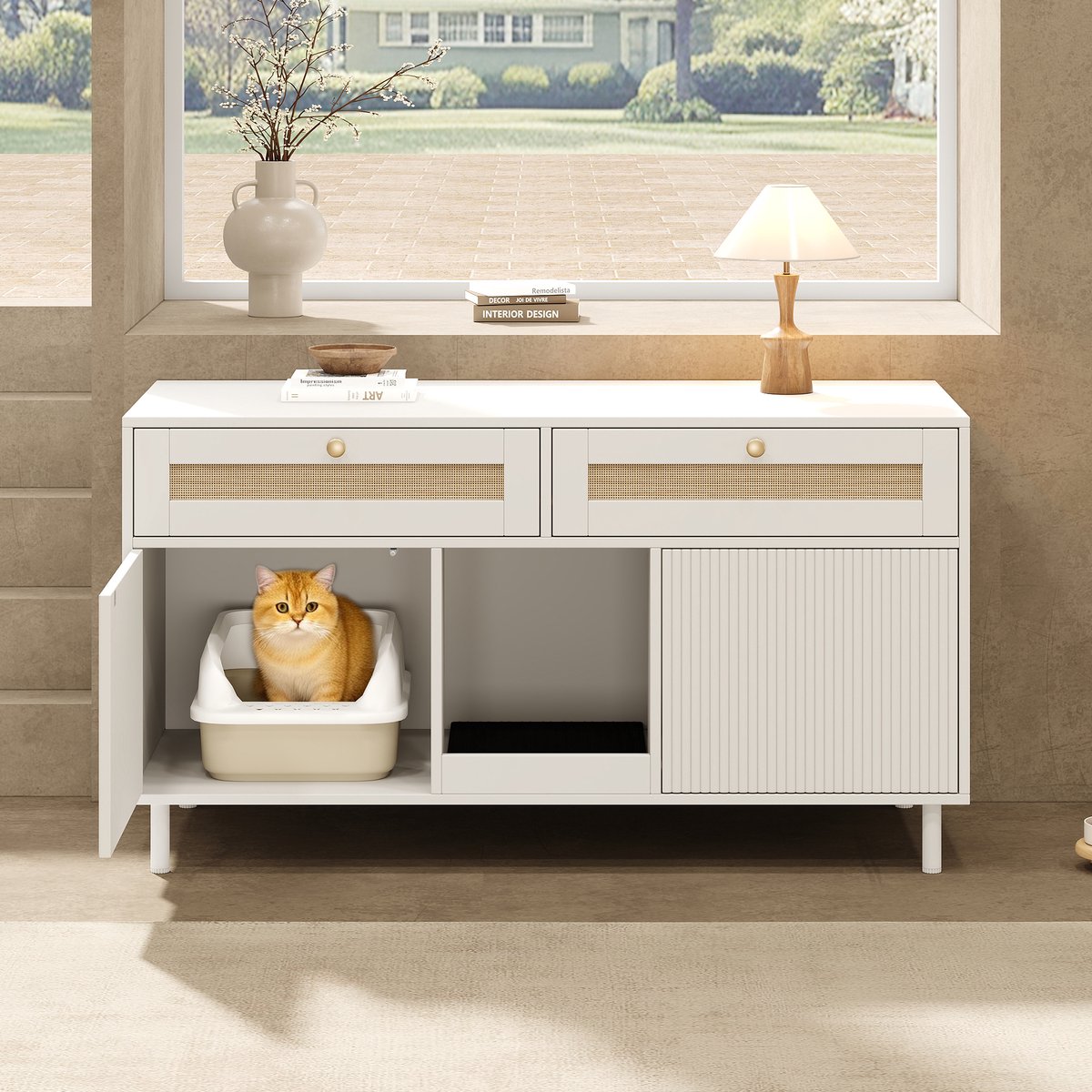 DESMIU Kast – Kattenbakmeubel Met Dubbele Deuren En Opvangmat – 120 x 50 x 65 cm – MDF – Wit – Dressoir Voor Woonkamer Of Hal