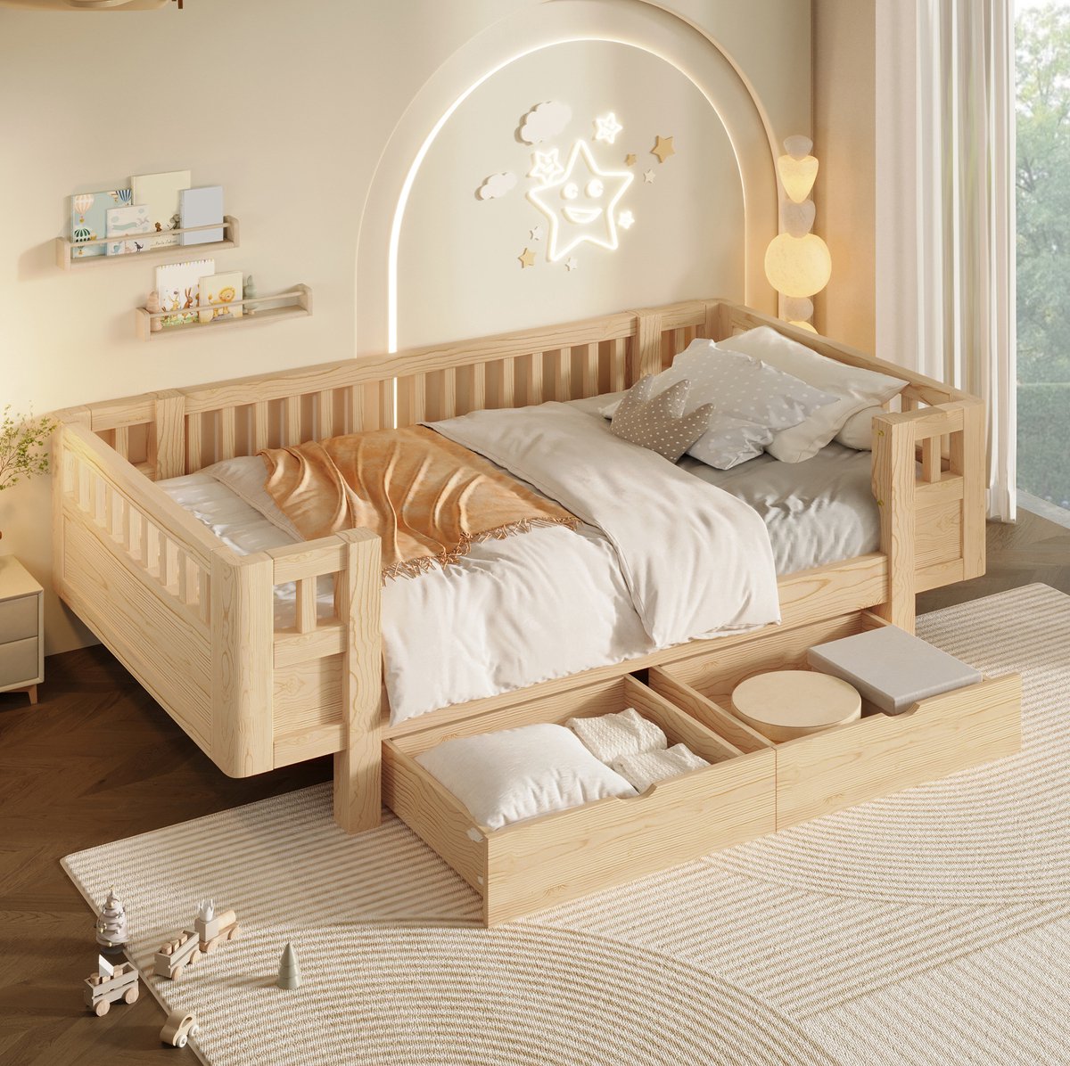 STILVORA Kinderbed 90x200 cm – Hoge Uitvalbeveiliging – Twee Grote Opberglades – Voor Kinderkamer – Hout en MDF – Houtkleur – Zonder Matras