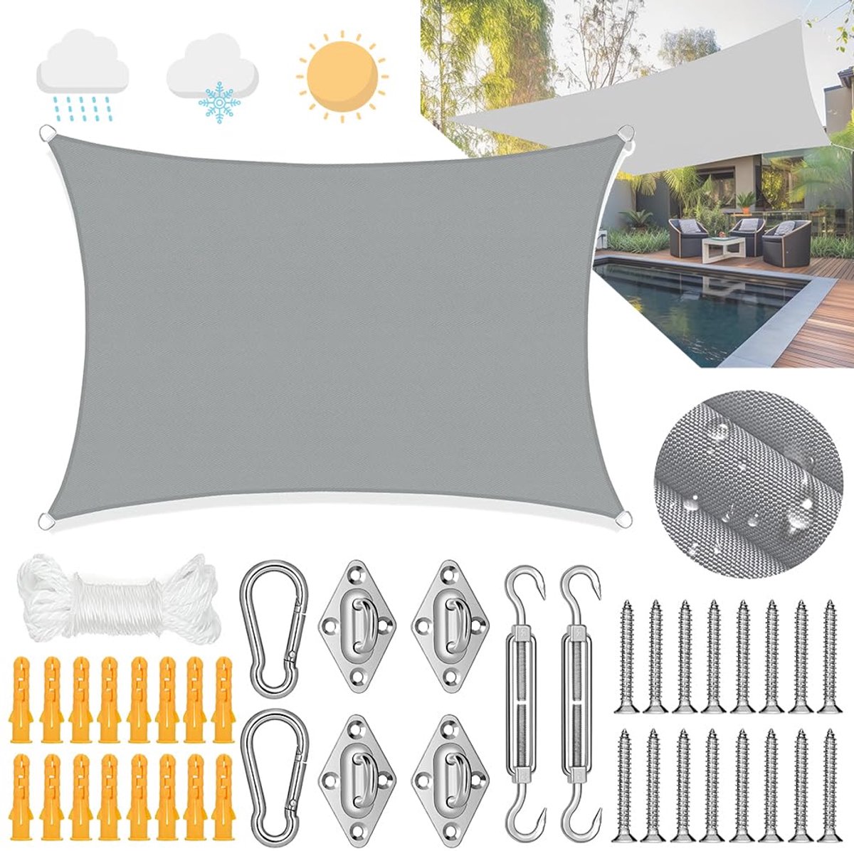 SnelShoppen - Rechthoekig Schaduwdoek 3 x 4 m - Waterdicht Canvas met Oogjes - 98% UV-bescherming - Ideaal voor Tuin, Camping en Feesten