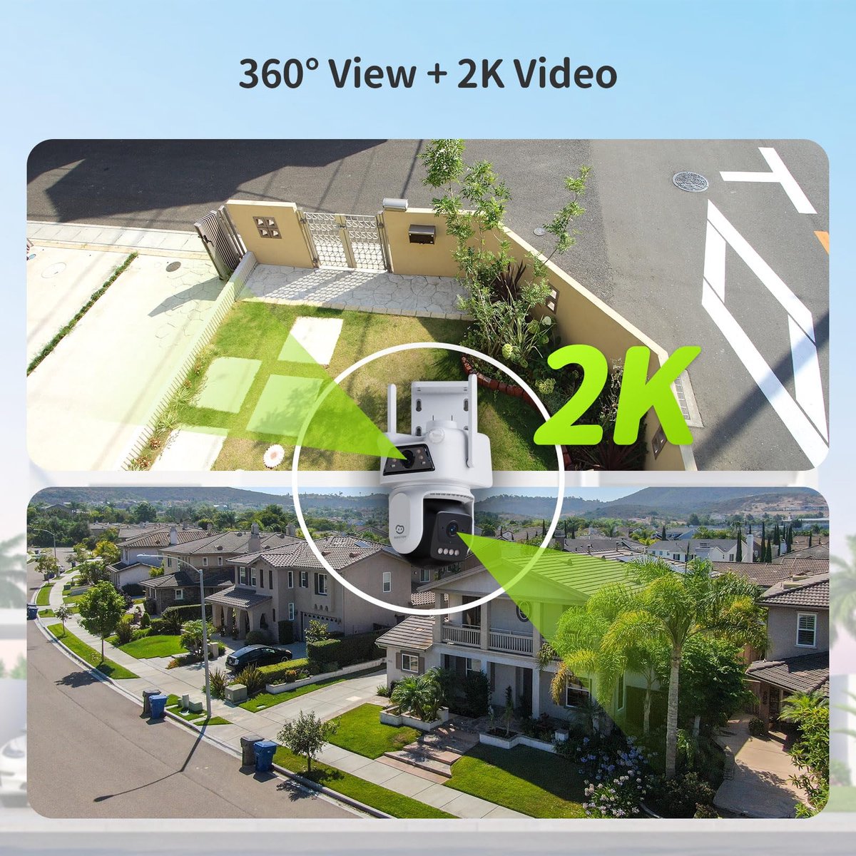 SnelShoppen - Beans View 2K+2K Beveiligingscamera Met Dubbele Lens Voor Buiten, 360°-Beeld, Menselijke Detectie, Kleuren-Nachtzicht, 512 GB SD-Kaart O