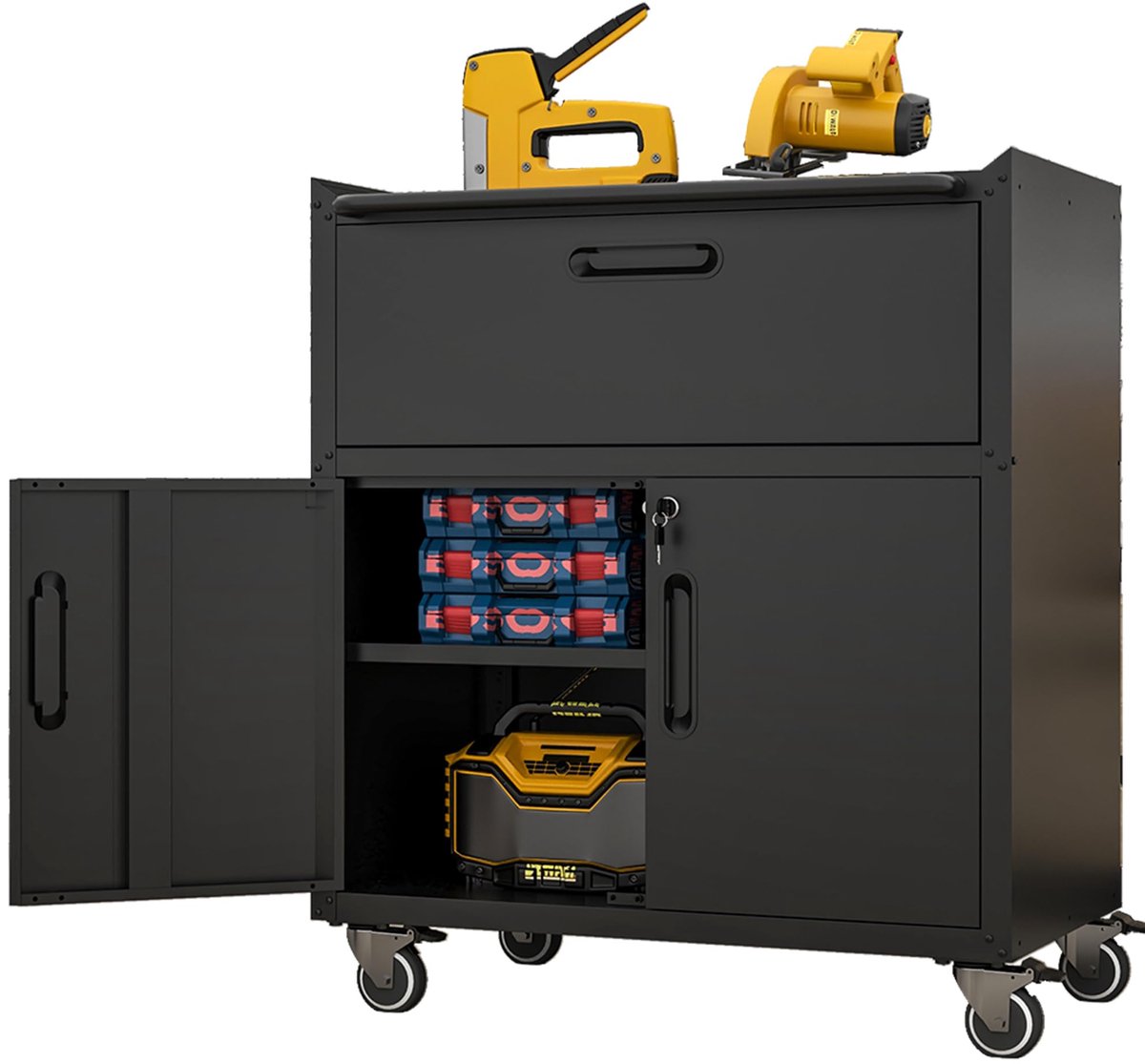 SnelShoppen - IKIMI Opbergkast voor Mobiel Gereedschap met 1 Lade en 2 Deuren, Zware Rollende Gereedschapskist voor Garageorganisatie, Metalen Opbergk