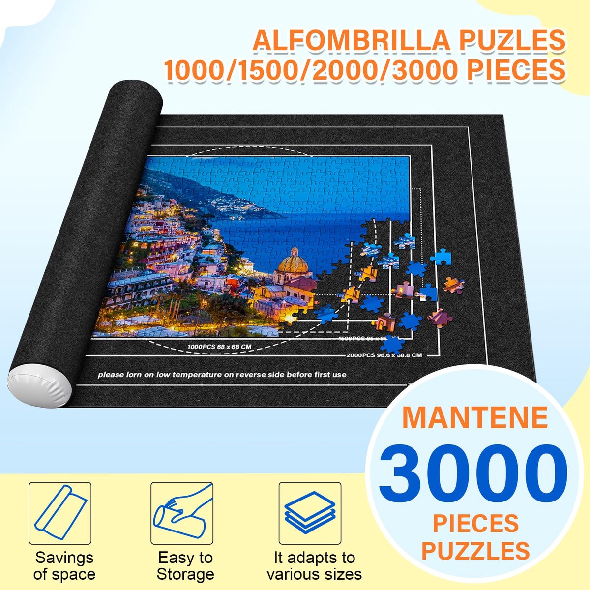 SnelShoppen - Puzzelrol van Vilt, Oprolbare Puzzeltafel voor 1000, 1500, 2000, 3000 Stukjes met 8 Sorteerbakjes en Puzzelframe - Ideaal voor Thuis, Fe