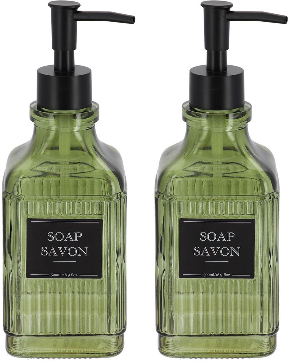 Tendance zeeppompje Paris - 2x - 500ml - groen transparant - glas - H22 x D8 cm - zeepdispenser