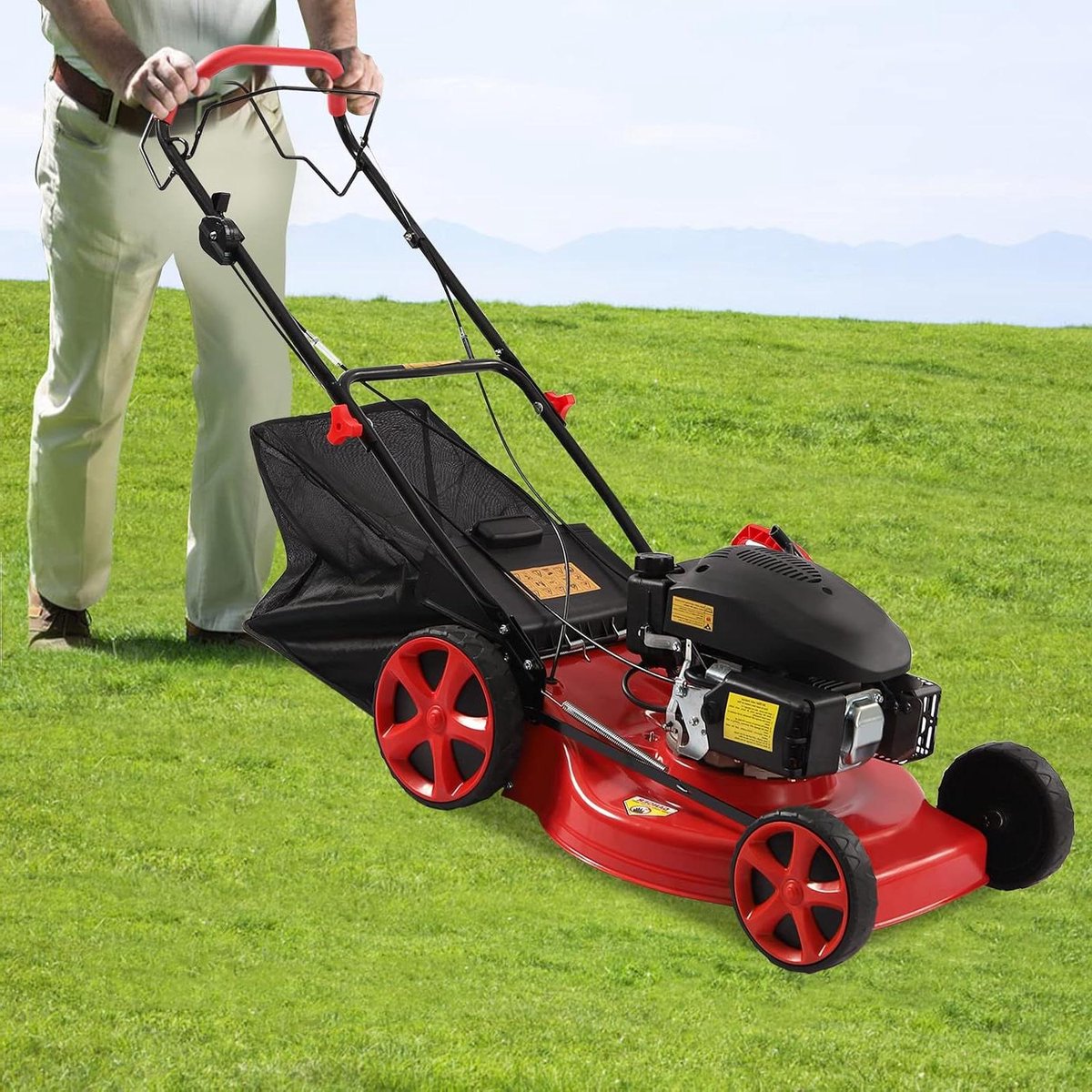 Benzine grasmaaier - Loopmaaier Mulchmaaier - Gazon Onderhouden - Grote Opvangzak - 51 cm Maaibreedte - Rood