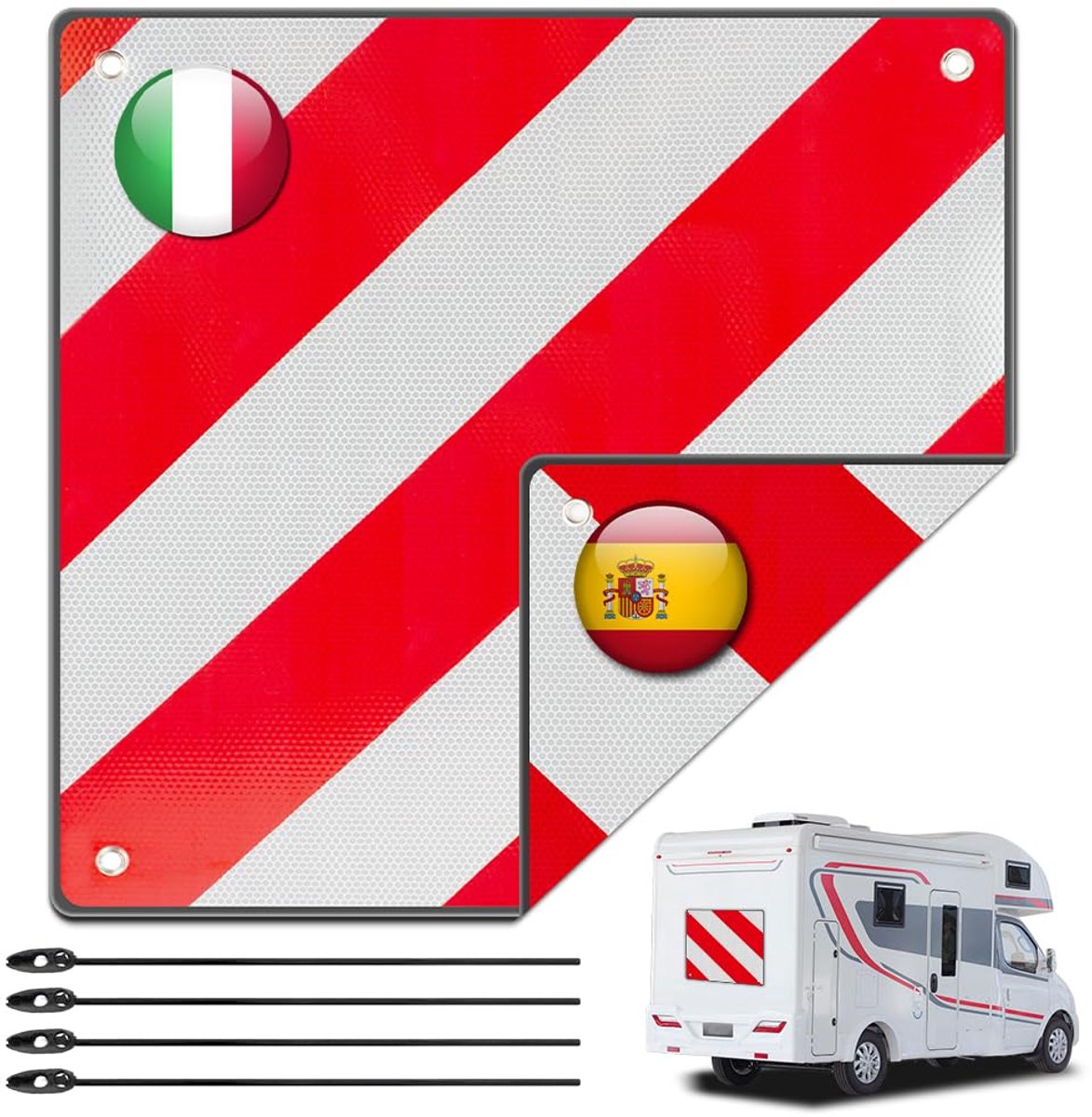 SnelShoppen - Waarschuwingsbord Fietsendrager 2-in-1 Aluminium Rood Wit Reflecterend 50x50 cm met 4 Spantouwen voor Italië en Spanje - Veiligheid voor