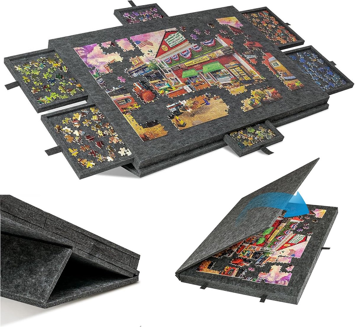 SnelShoppen - Kantelbare Puzzeltafel met 6 Laden en Afdekking - Licht Vilten Blad voor Maximaal 1000 Stukjes - 2-in-1 Standaard en Draaggreep - Ideaal
