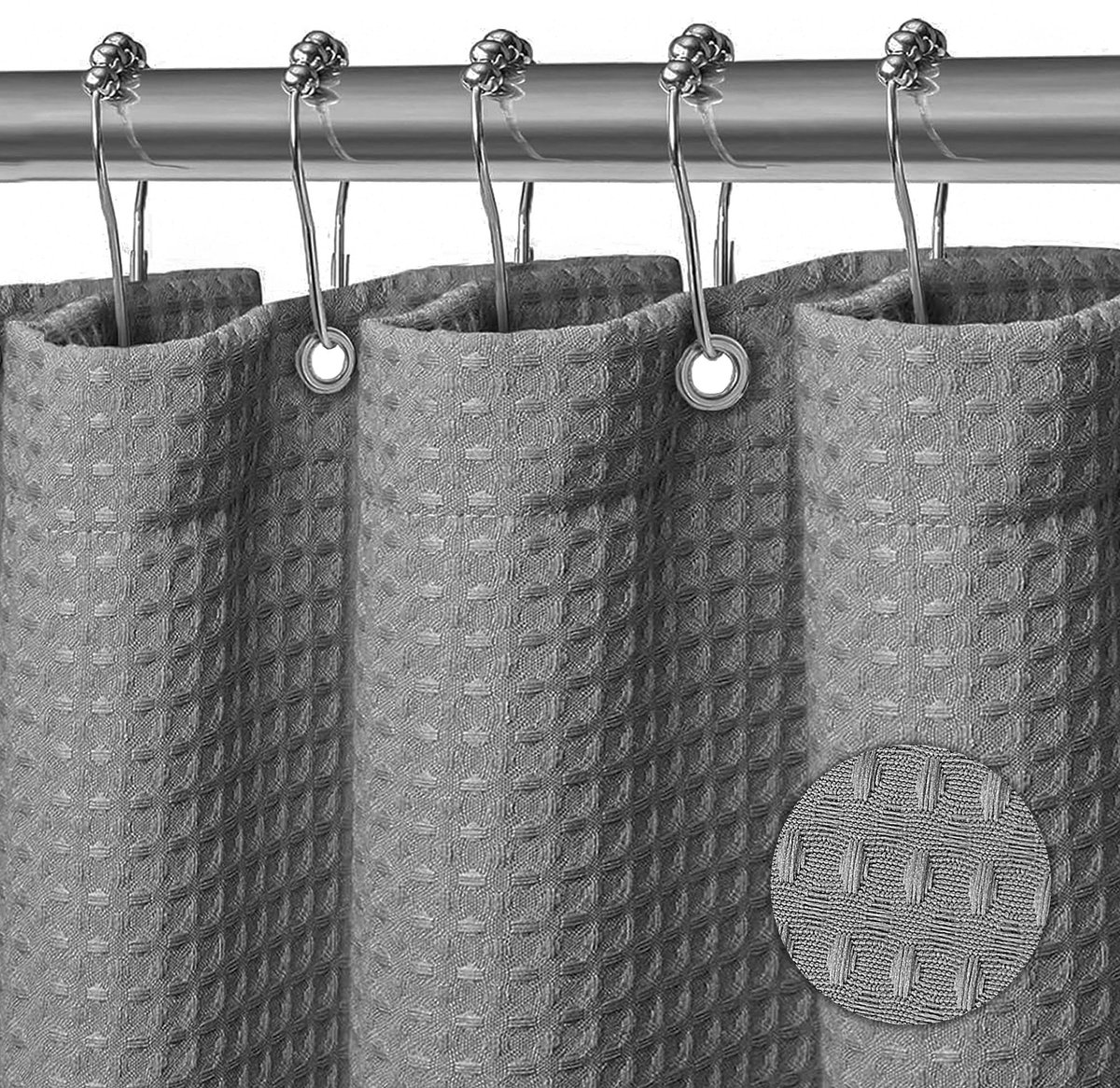 SnelShoppen - Wasbaar Douchegordijn 180x200 cm, Waterdicht Badgordijn van Polyester met Wafelpatroon, Grijs, Inclusief 12 Metalen Ringen voor Douche e