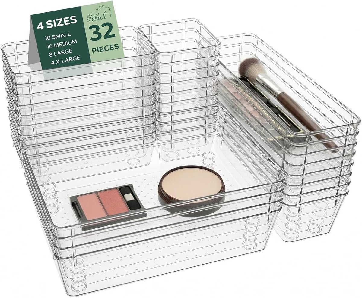 SnelShoppen - Set van 32 LadeOrganizers - 4 Formaten Antislip - Stapelbaar Transparant Organizer voor Make-up, Keuken, Badkamer & Kantoor