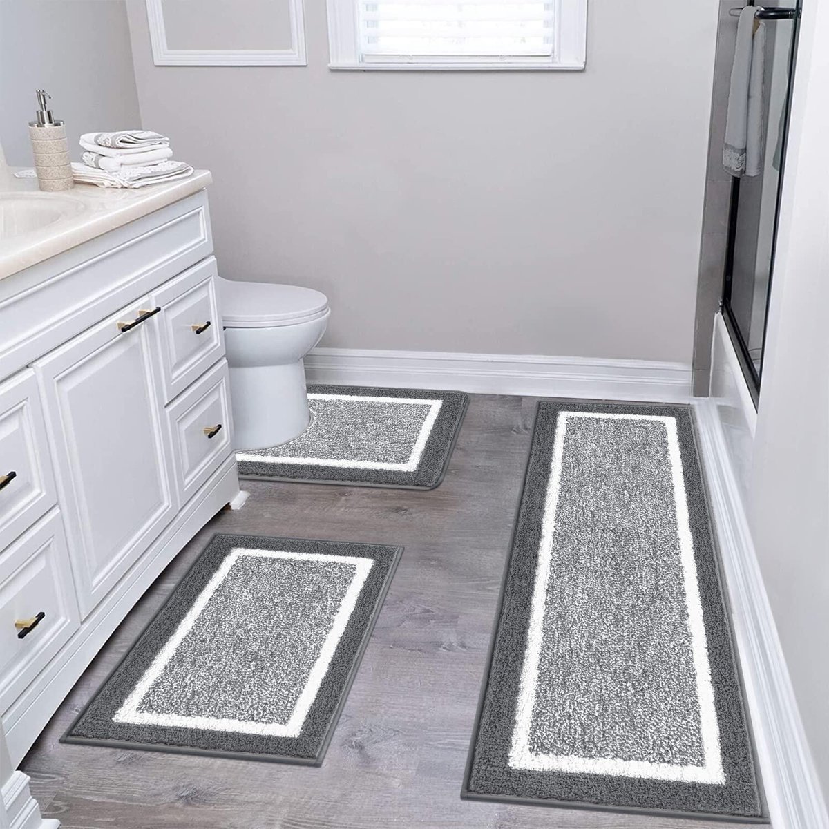 SnelShoppen - 3-delige Luxe Antislip Badkamer Mat Set - Zacht, Absorberend en Machinewasbaar - Donkergrijs Bad- en Toilet Tapijt voor Thuisgebruik