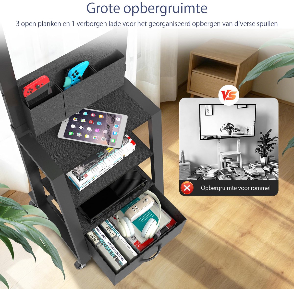 SnelShoppen - Verrijdbaar TV-meubel met lade en 3 opbergvakken voor platte/gebogen TV van 23"-60" tot 72kg, hoogte verstelbaar, zwart met wielen voor