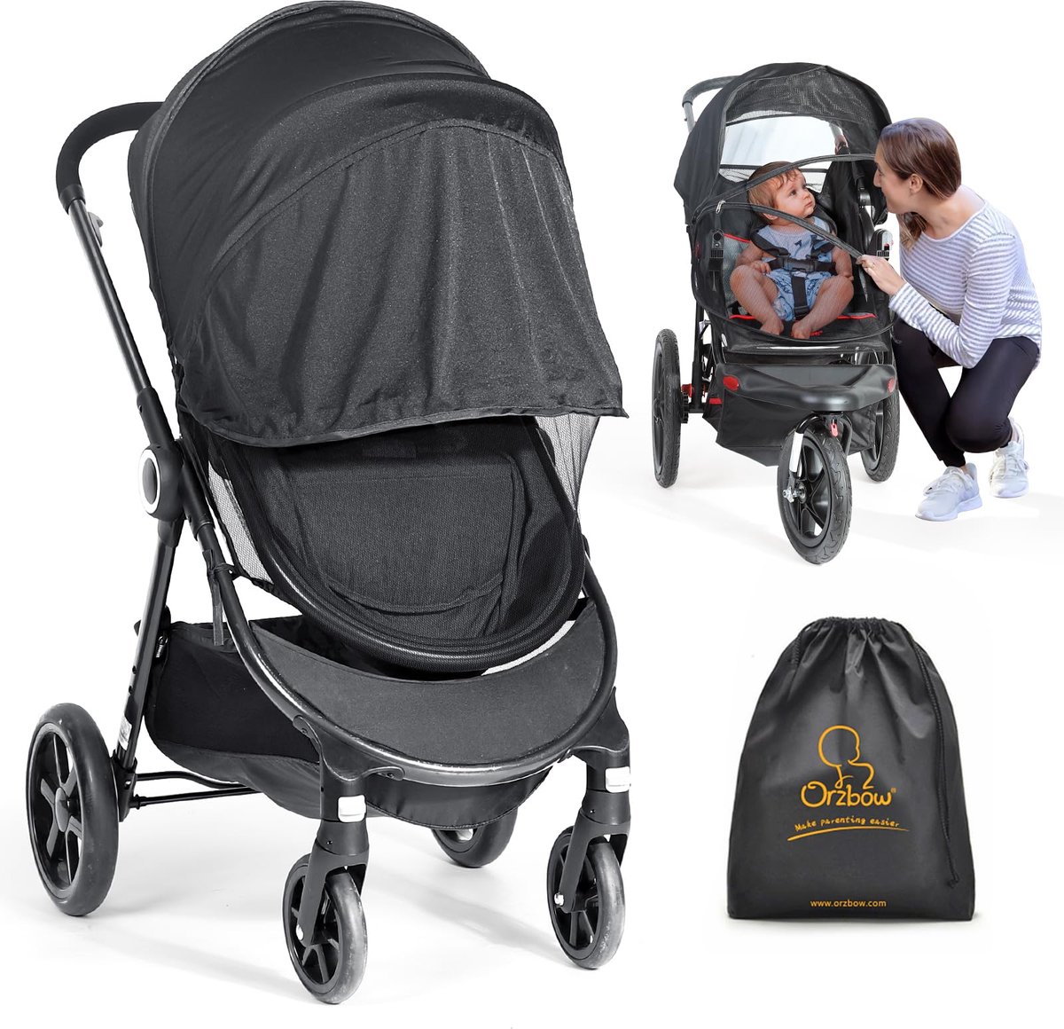 SnelShoppen - Universeel 2 in 1 Zonnescherm en Klamboes voor Kinderwagen - Duurzaam Zonnezeil met UPF 50+, Stabiel Muskietennet voor Buggy met Rits -