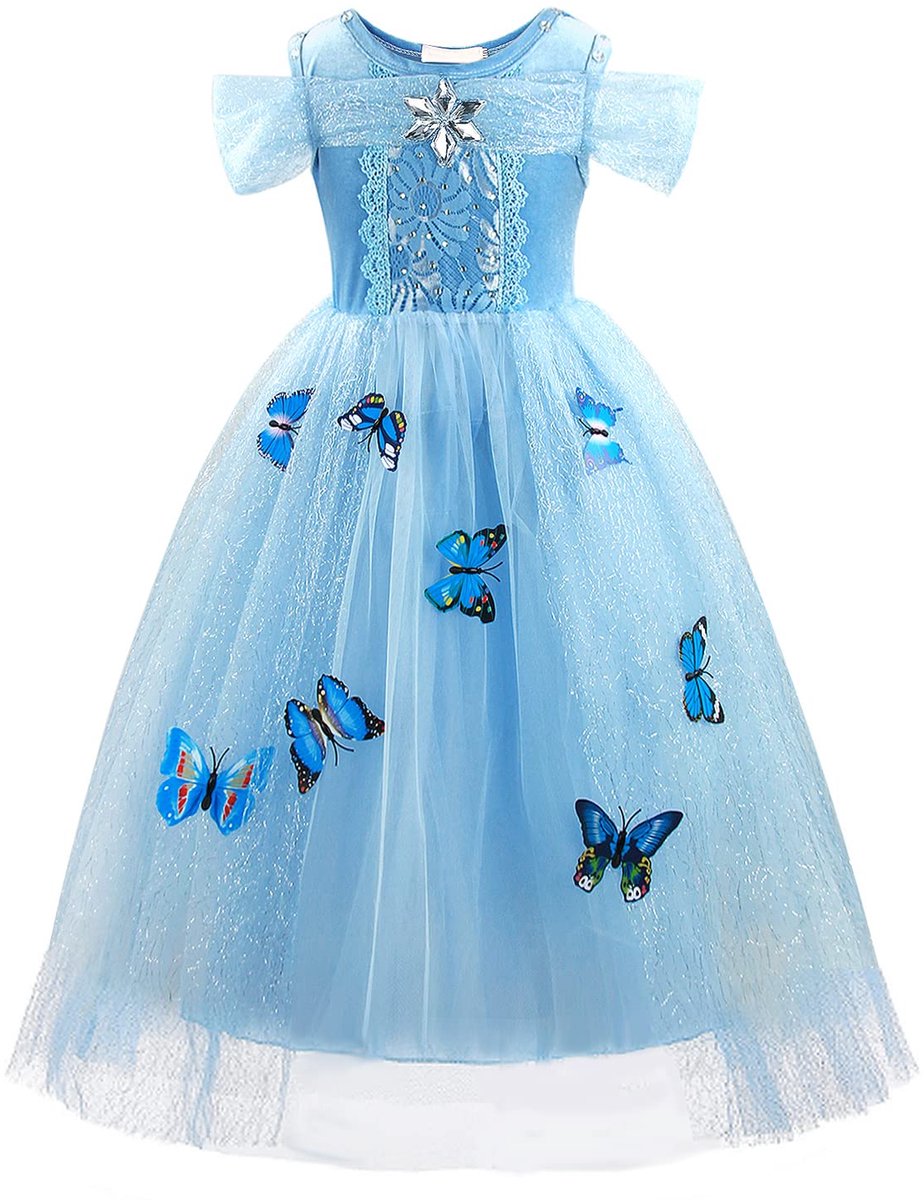 SnelShoppen - Meisjes Assepoester Prinsessenjurk Kostuum met Vlinder, Blauwe Dansjurk Korte Mouw voor Kinderen, Mooie Tule Jurk voor Bruiloft, Gala, V