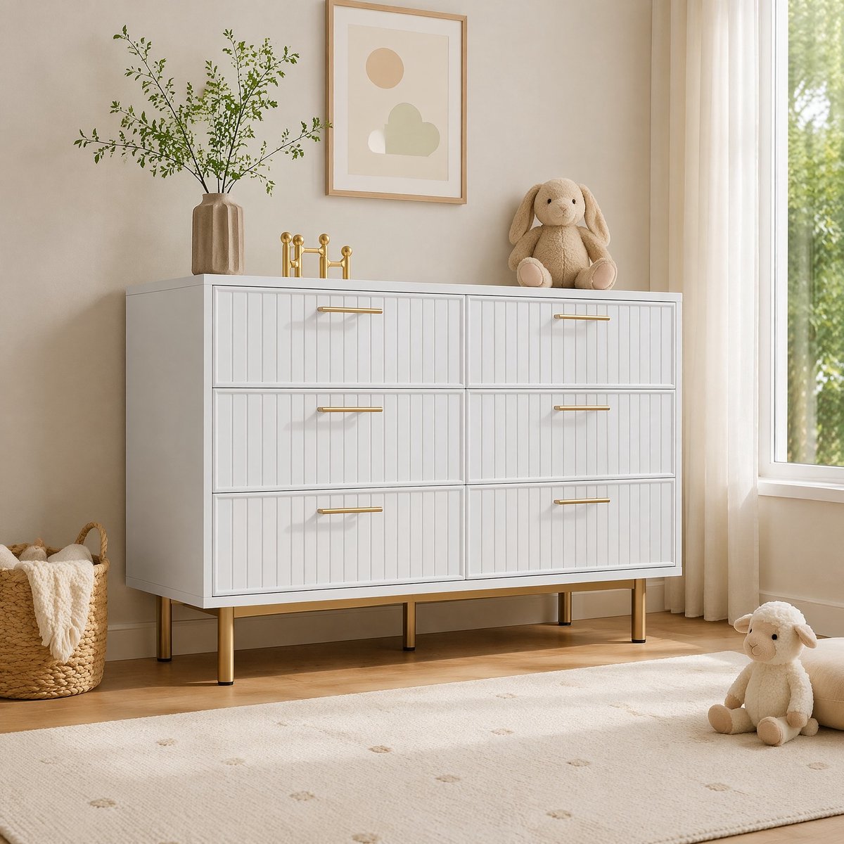 COVREO Kommode 120 x 40 x 75,5 cm wit - 6 lades, metalen poten, goudkleurige grepen