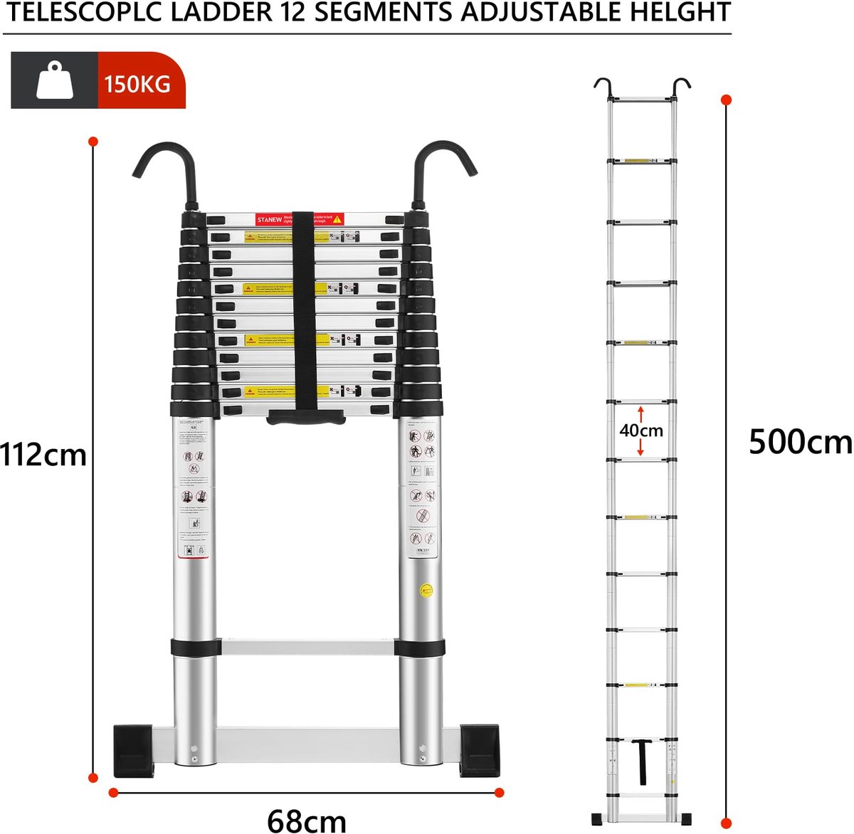 SnelShoppen - Telescopische Ladder 5M Aluminium met Stabilisator, Vouwladder, Uitschuifbare Ladder, 2 Afneembare Haken, Balansbalk, Draagbaar, Belastb