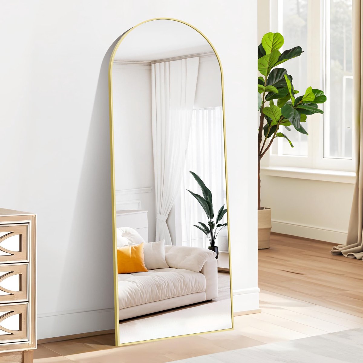 SnelShoppen - Staande Spiegel 165x60 cm - Gouden Volledige Lengte Gebogen Vloer Wandspiegel met Stand - Full-body Spiegel voor Woonkamer, Slaapkamer e