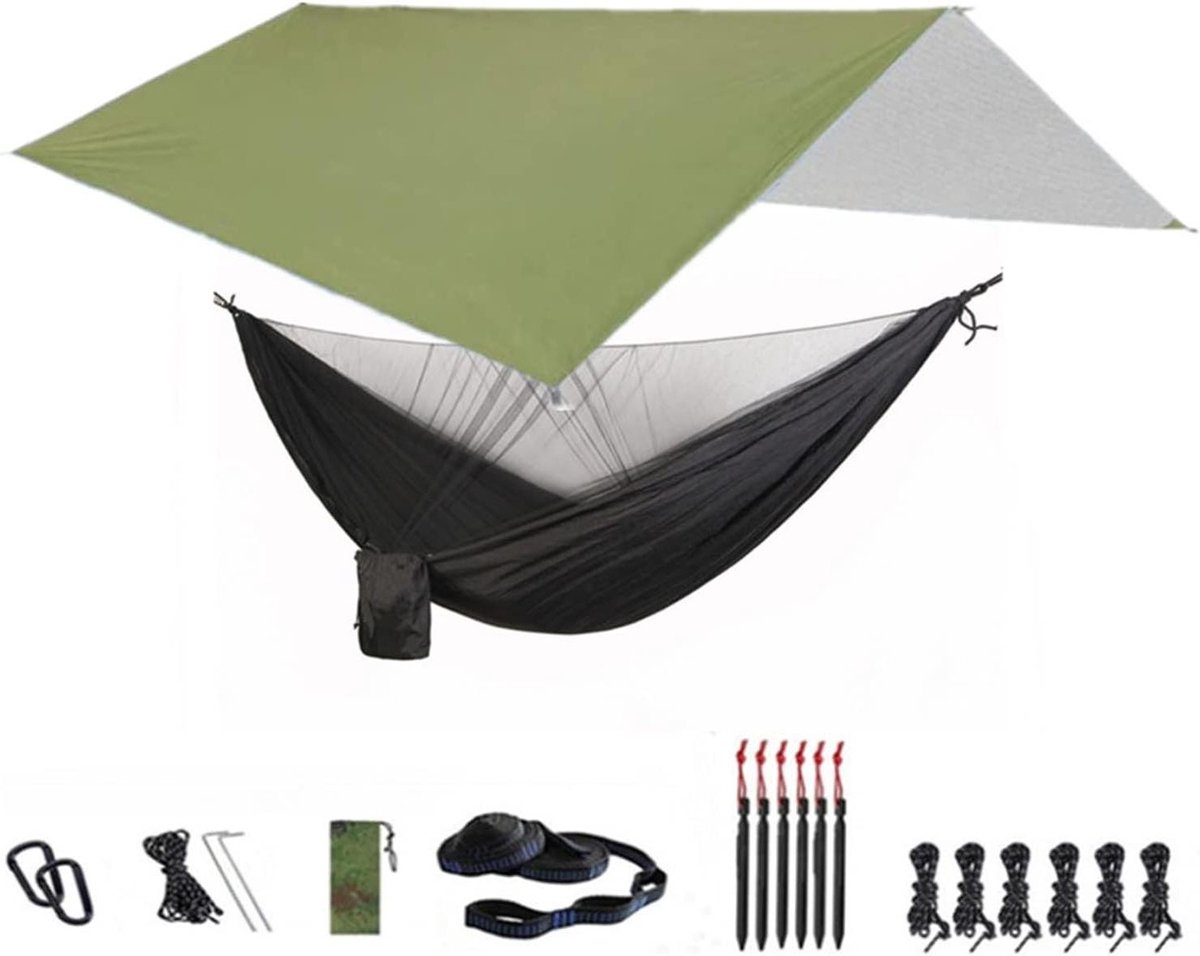Kampeerhangmat met net - Hangmat tent - Ontspannen buiten - Insectenwerend mesh - 300 x 300 cm - Groen en zwart