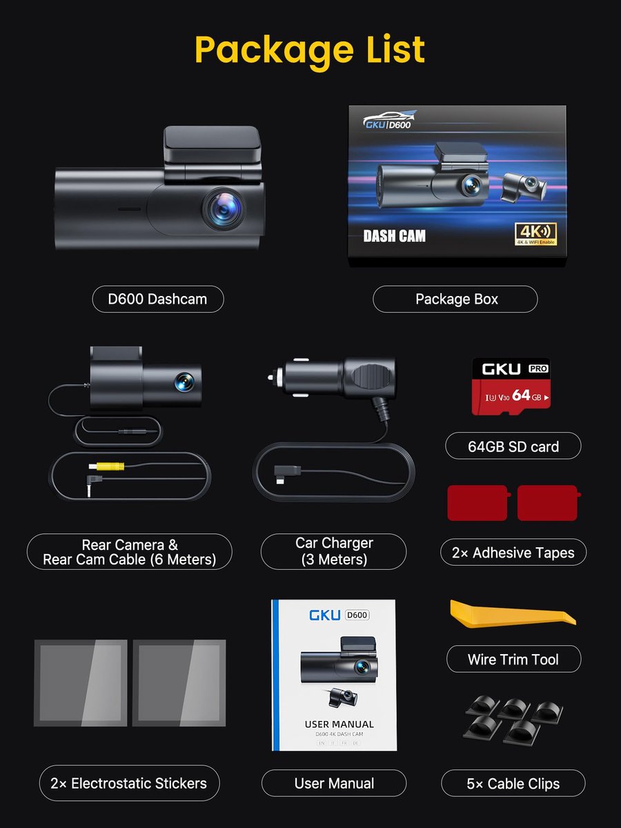 SnelShoppen - GKU 4K Dashcam Voor en Achter met WiFi, 64GB SD-Kaart, Dual Auto Camera met Parking Monitor, Nachtzicht, WDR, 170° Brede Hoek, G-Sensor,