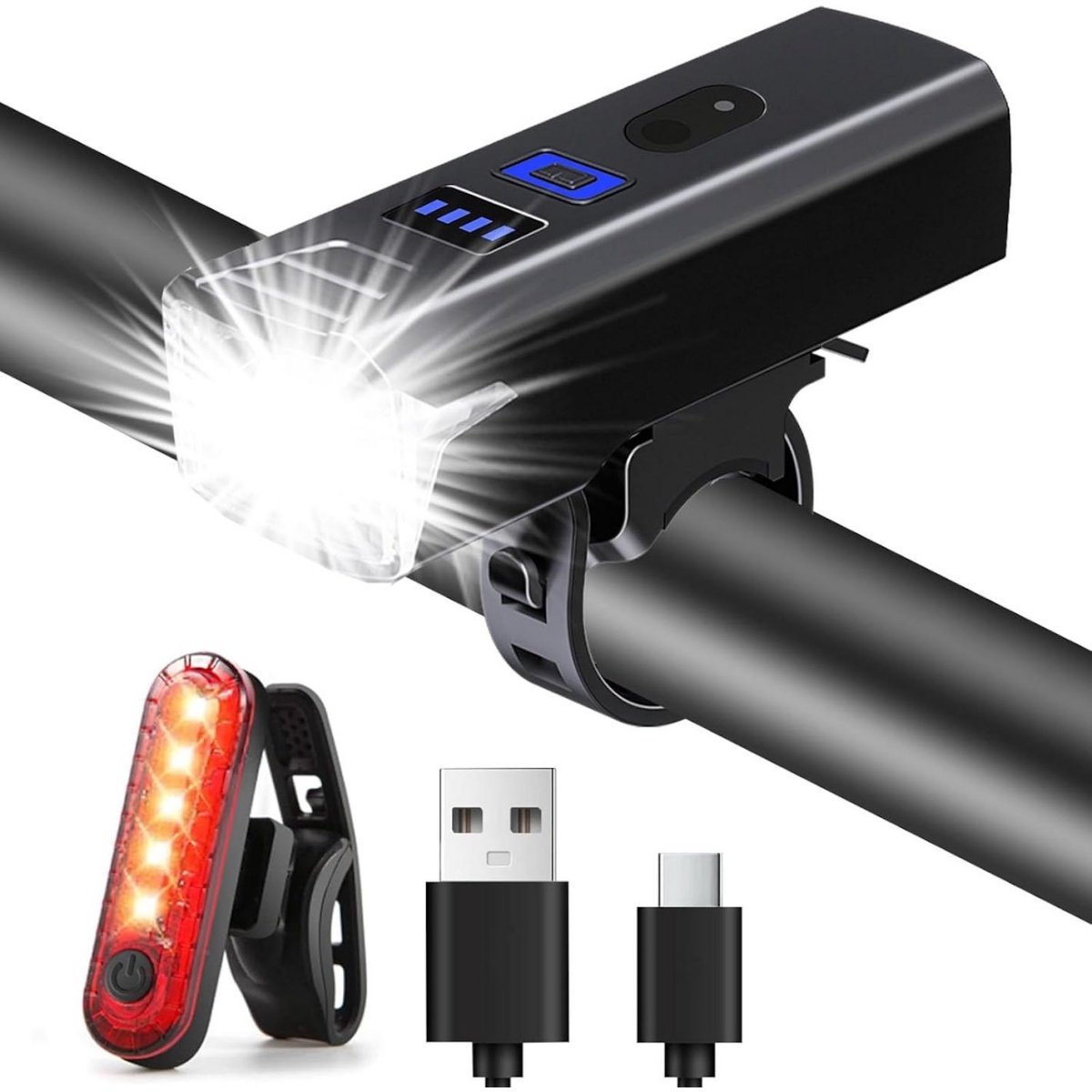 GELLDG 2 Stuks Voor- en Achterverlichtingssets - LED Fietsverlichting - 2000 Lumen USB Oplaadbaar - Lange Levensduur IPX5 Waterdicht - Geschikt voor Mountainbike en Wegfiets - Kunststof