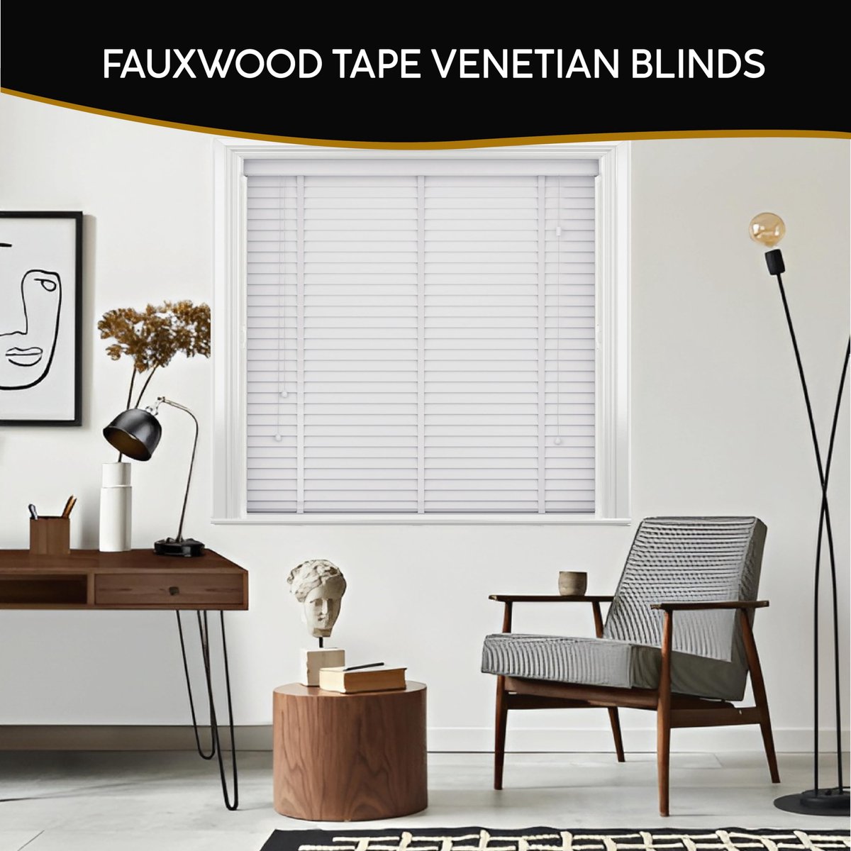 SnelShoppen - Faux Houten Venetiaanse Jaloezieën 50 mm Lamellen met Witte Tape - Trimbaar voor Thuiskantoor Ramen Blind 90 cm x 150 cm - Luxe Witte De