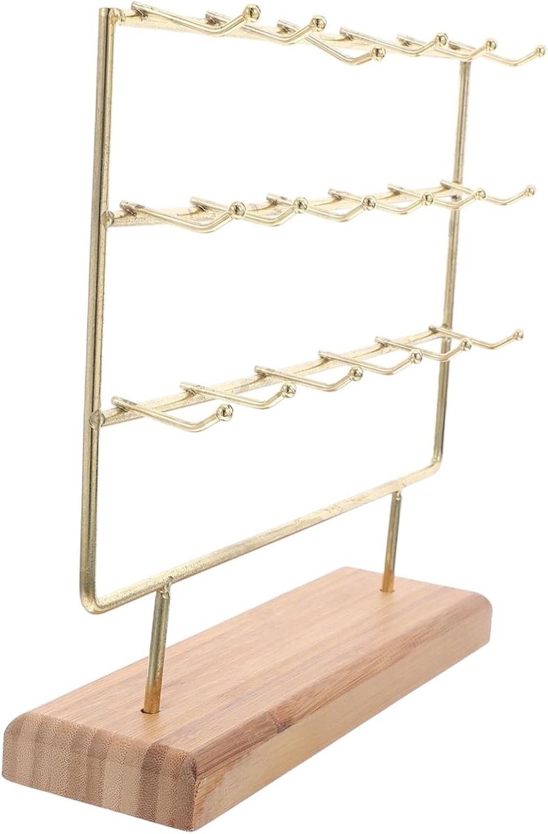 Sieradenrek Metaal - Juweliersstandaard Organizer - Sieraden Presenteren - Met Haken en Houten Basis - 27 cm Breed - Goudkleurig