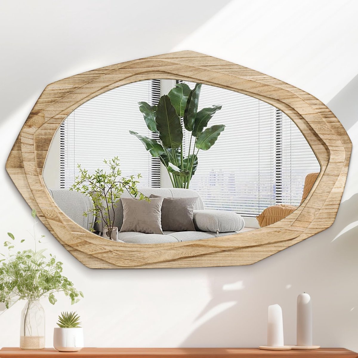 SnelShoppen - Grote onregelmatige wandspiegel met houten frame 70x45 cm, rustieke asymmetrische hangspiegel voor badkamer, slaapkamer, woonkamer, entr