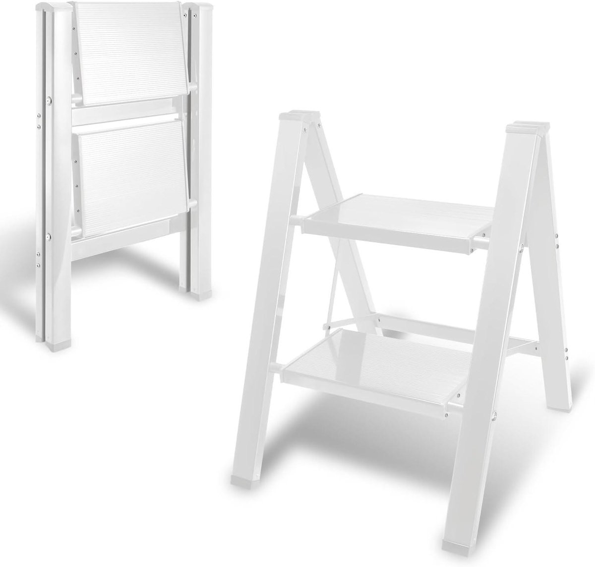 Trapladder Inklapbaar - Vouwladder Huishoudtrap - Veilig Klussen - Extra Brede Treden - 2 Treden - Wit